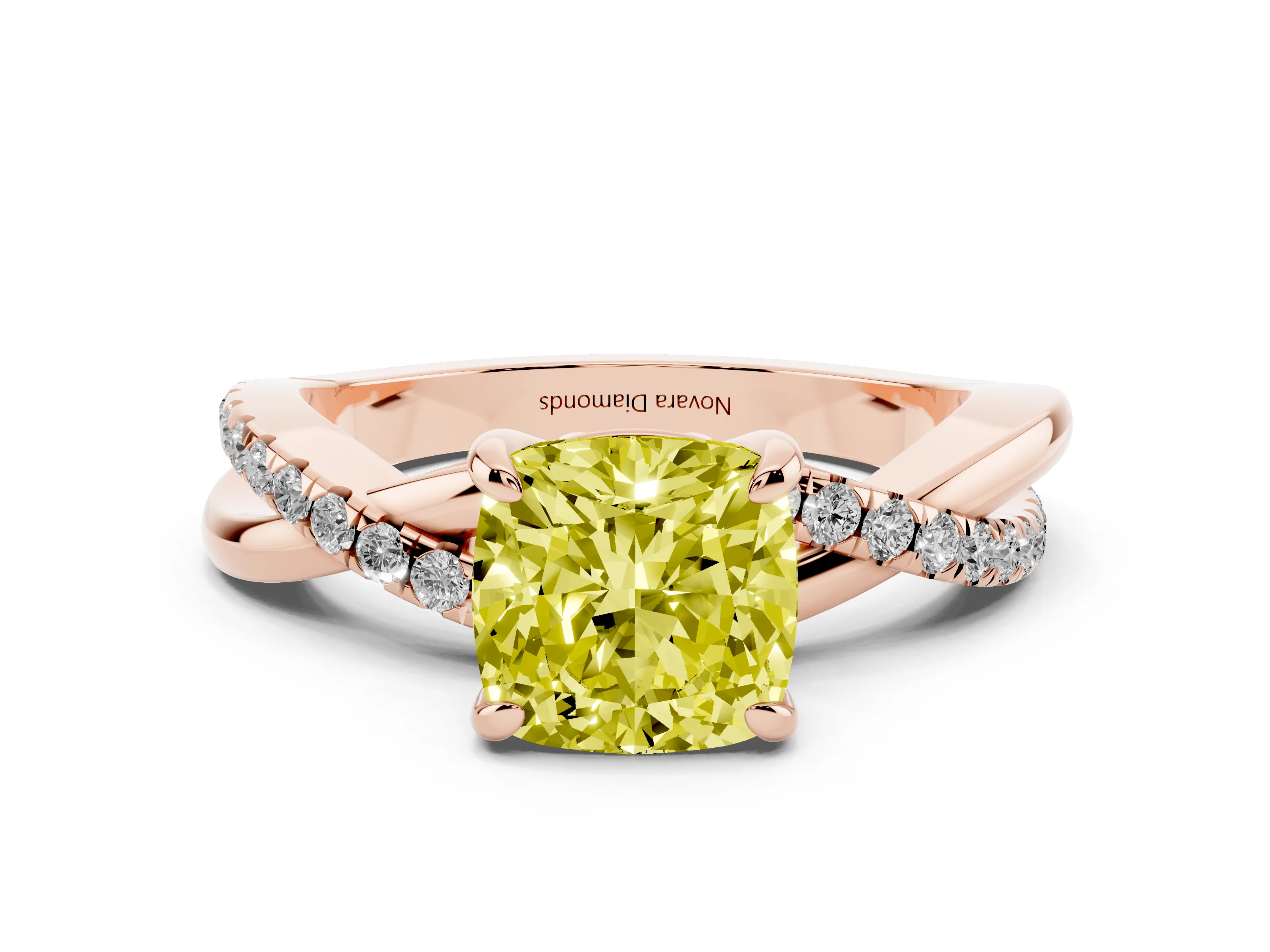 Fancy Yellow Cushion Cut Diamond Twist Band Pavé Solitaire Ring Set in Rose gold with Prong Setting