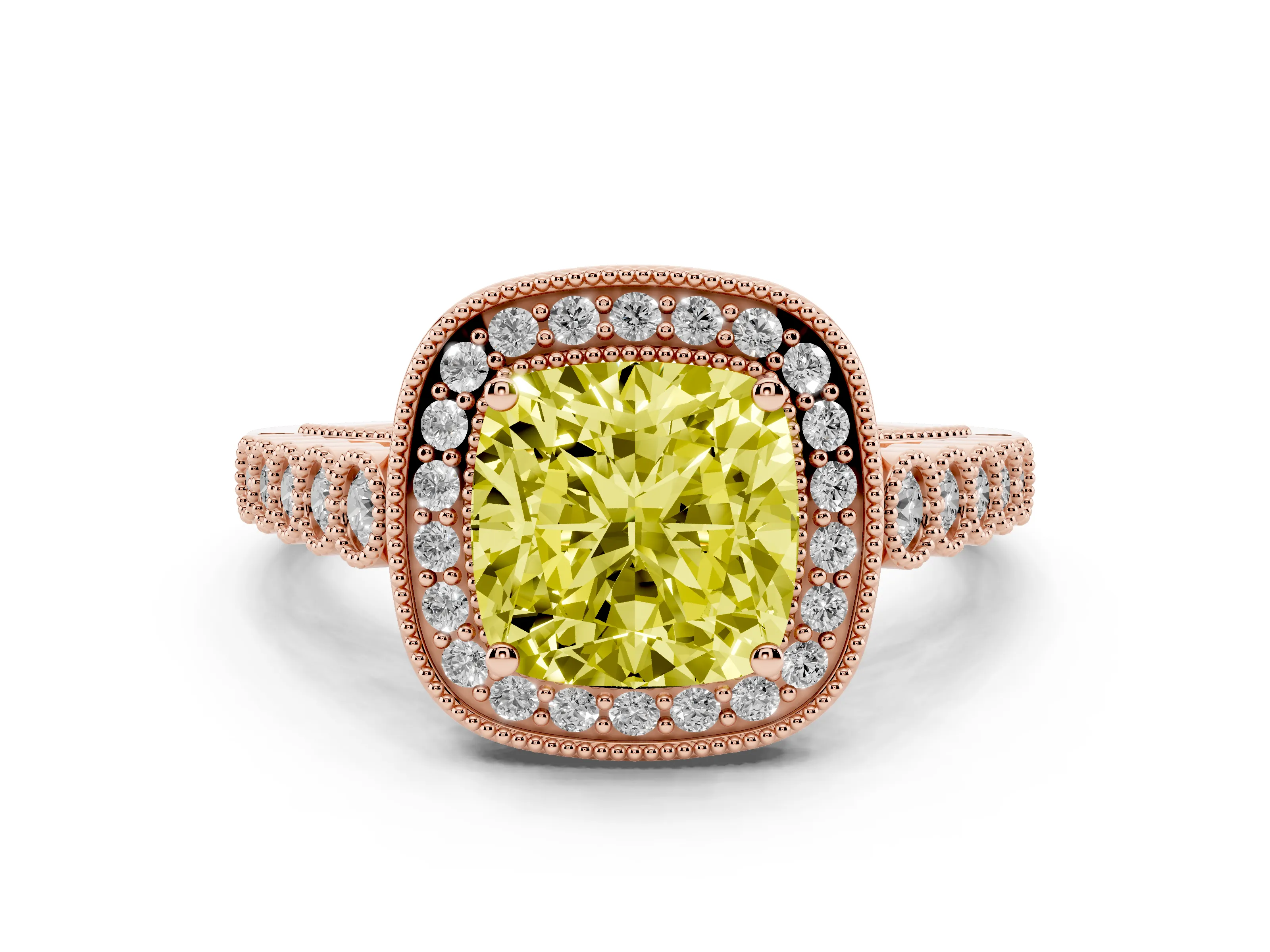 Fancy Yellow Cushion Cut Diamond Milgrain Halo Solitaire Ring Set in Rose gold with Bezel Set Side Stones and Pavé Band