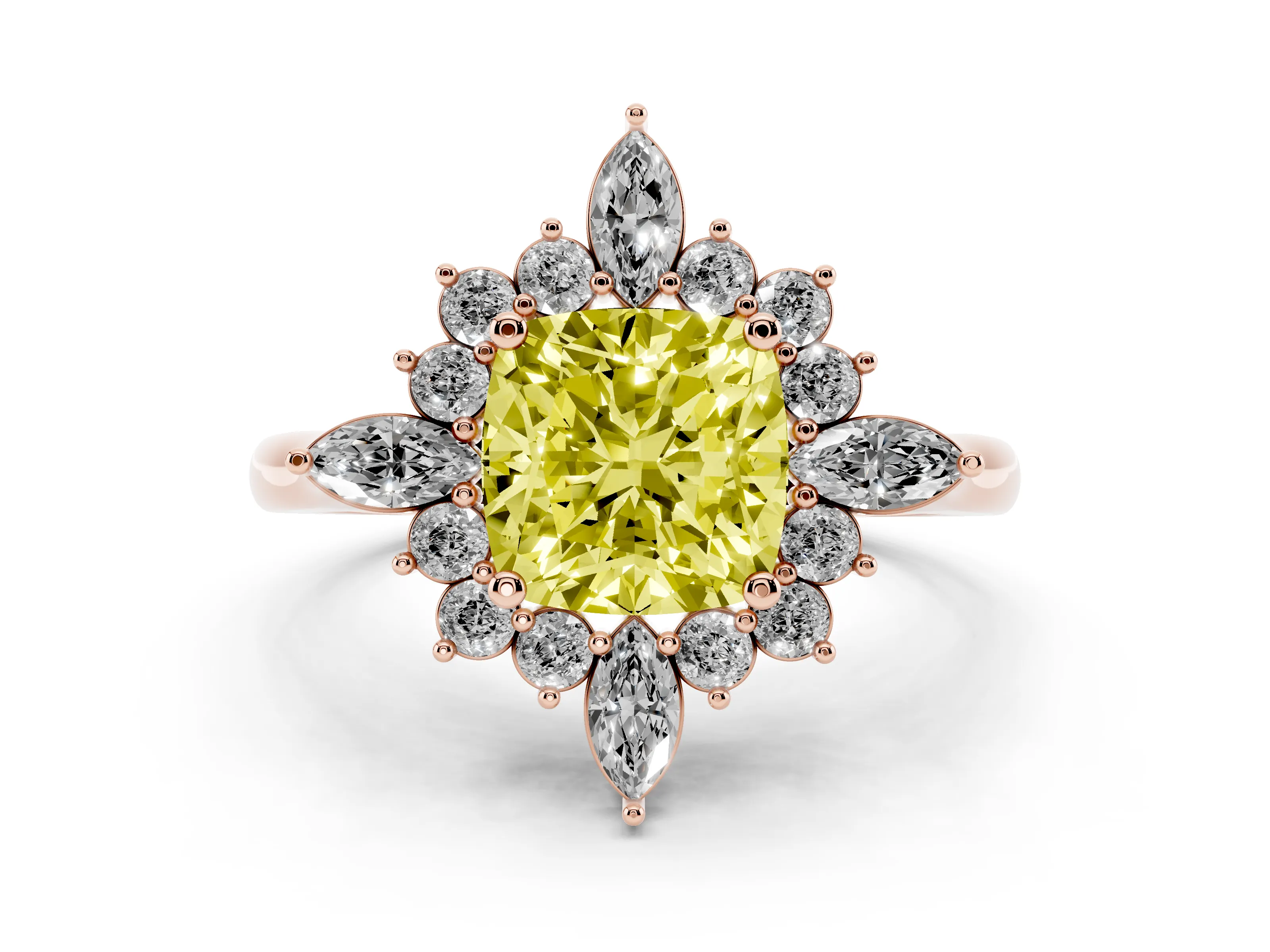 Fancy Yellow Cushion Cut Diamond Cluster Halo Ring Set in Rose gold with Marquise and Round Accents