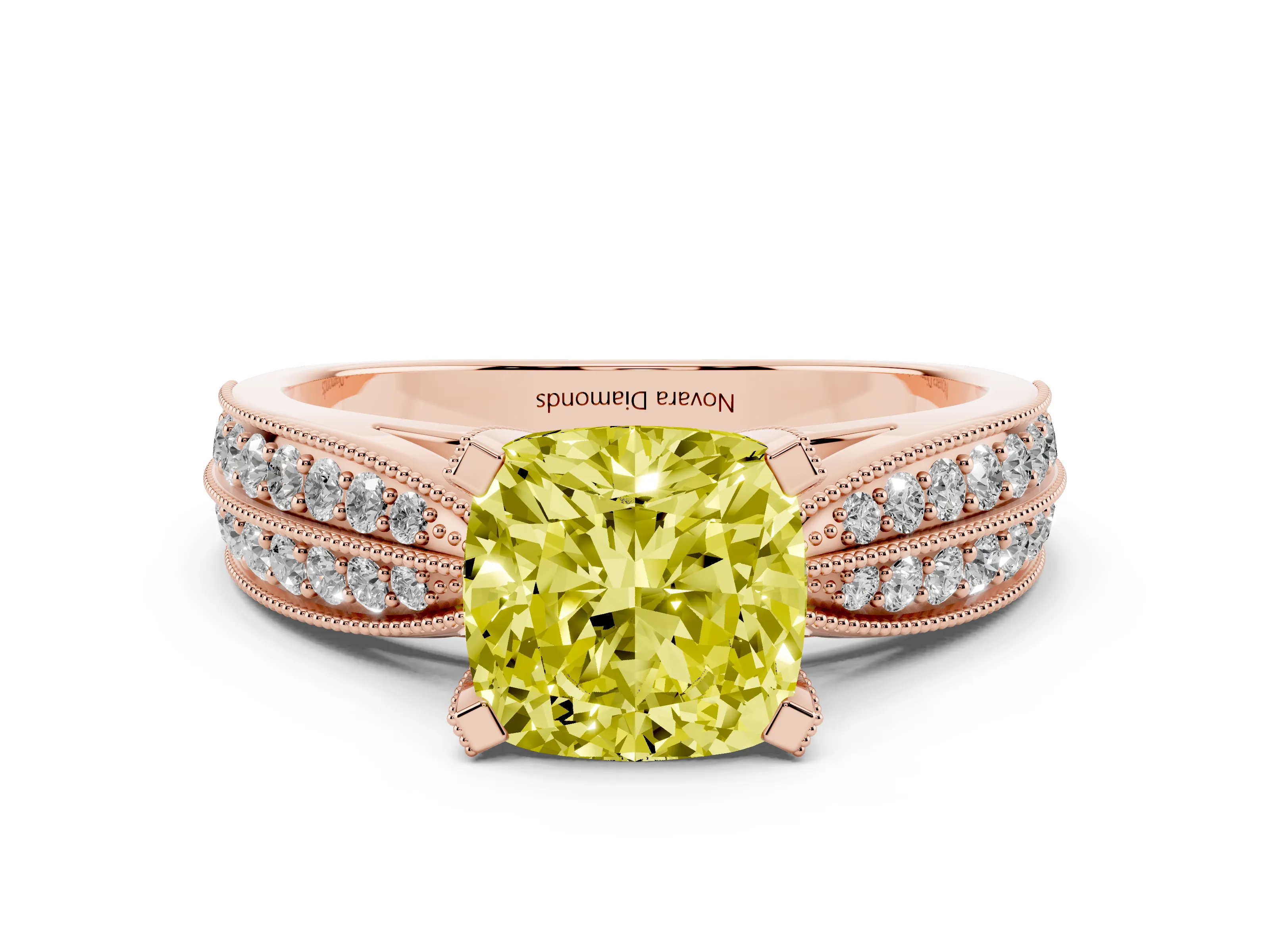 Fancy Yellow Cushion Cut Diamond Solitaire Ring Set in Rose gold with Milgrain Double Row Round Pavé Band