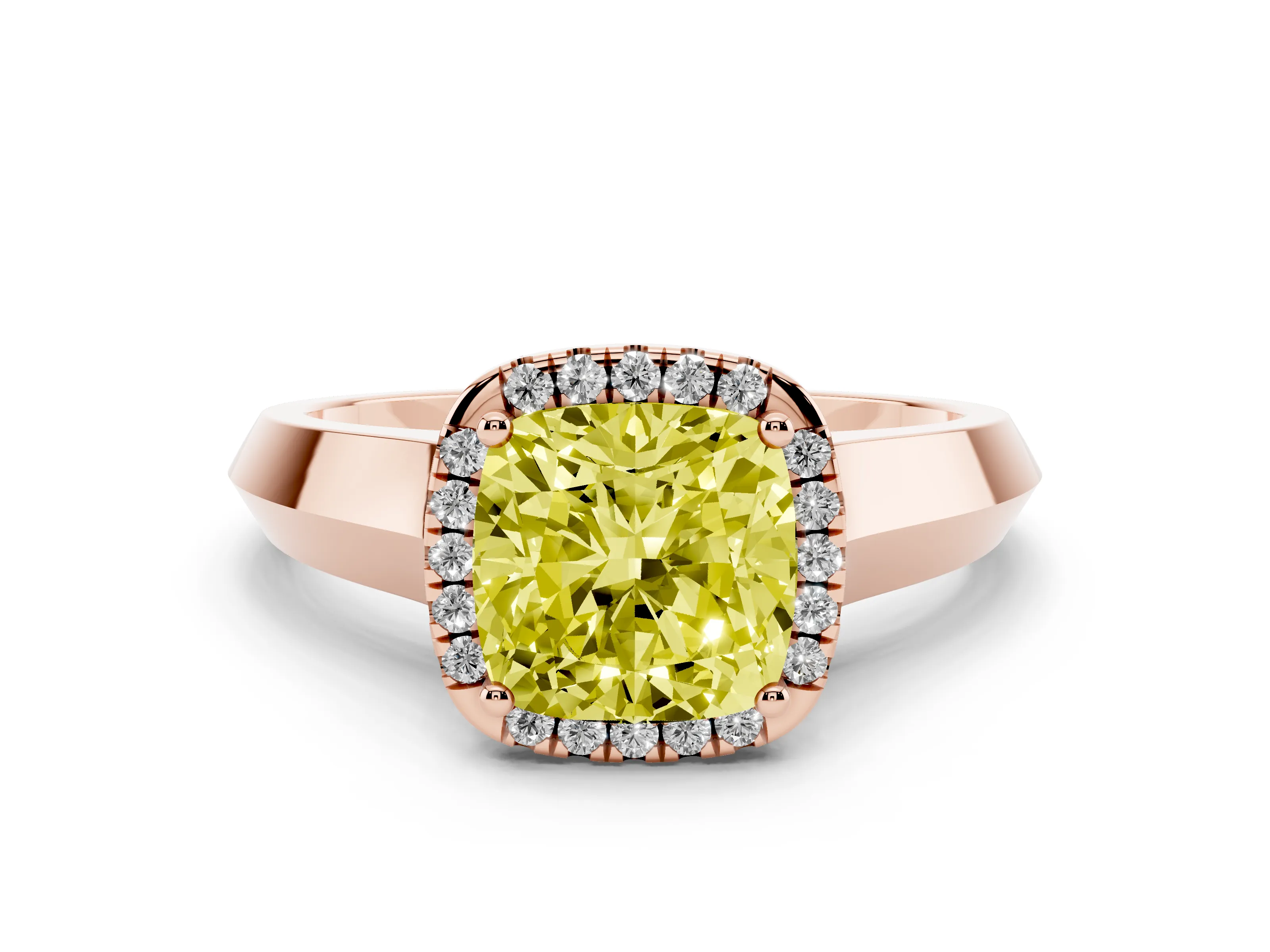 Fancy Yellow Cushion Cut Diamond Halo Ring Set in Rose gold with Cathedral Band and Prong Setting