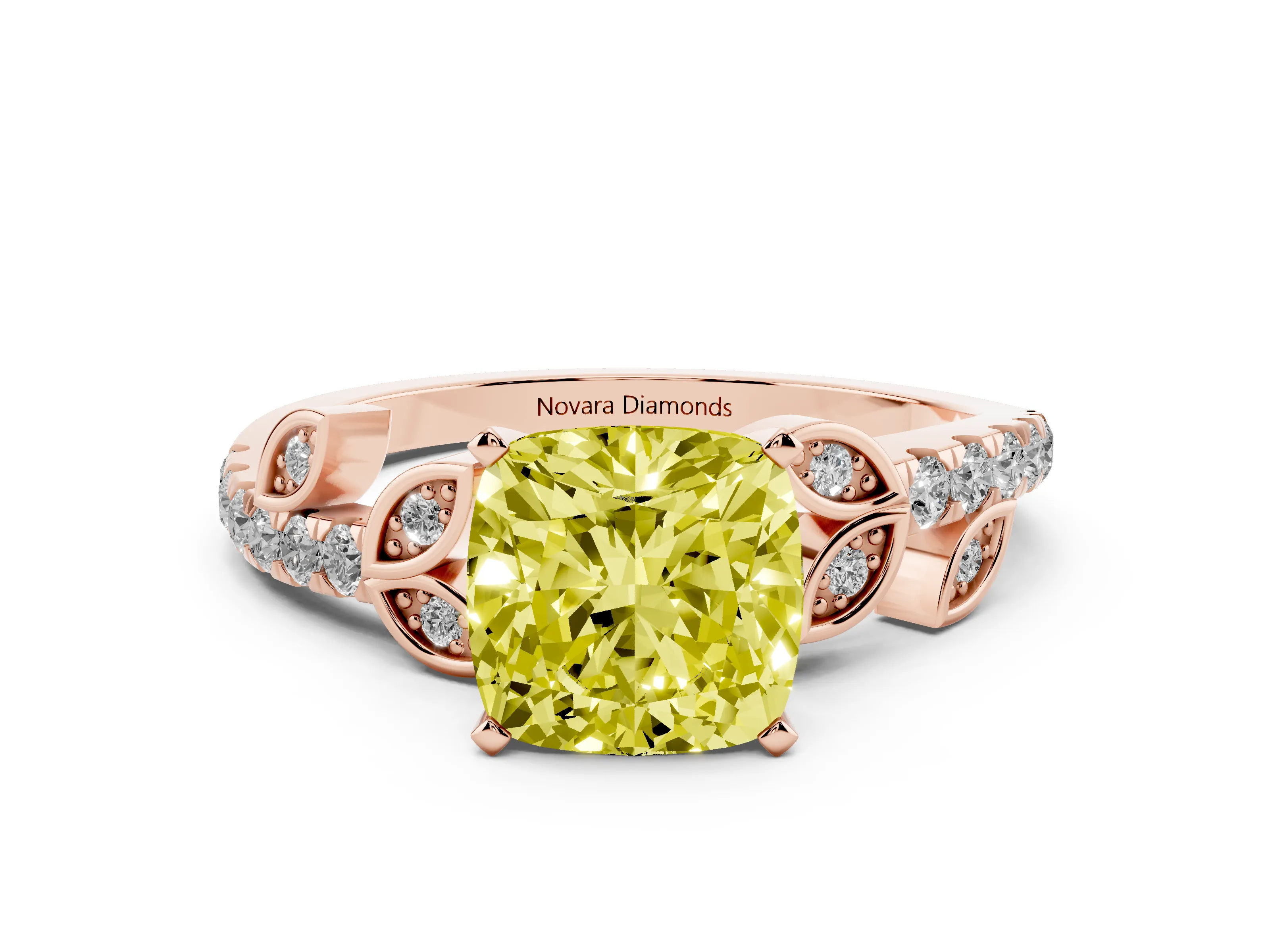 Fancy Yellow Cushion Cut Diamond Solitaire Leaf-Inspired Ring Set in Rose gold with Pavé Band and Prong Setting
