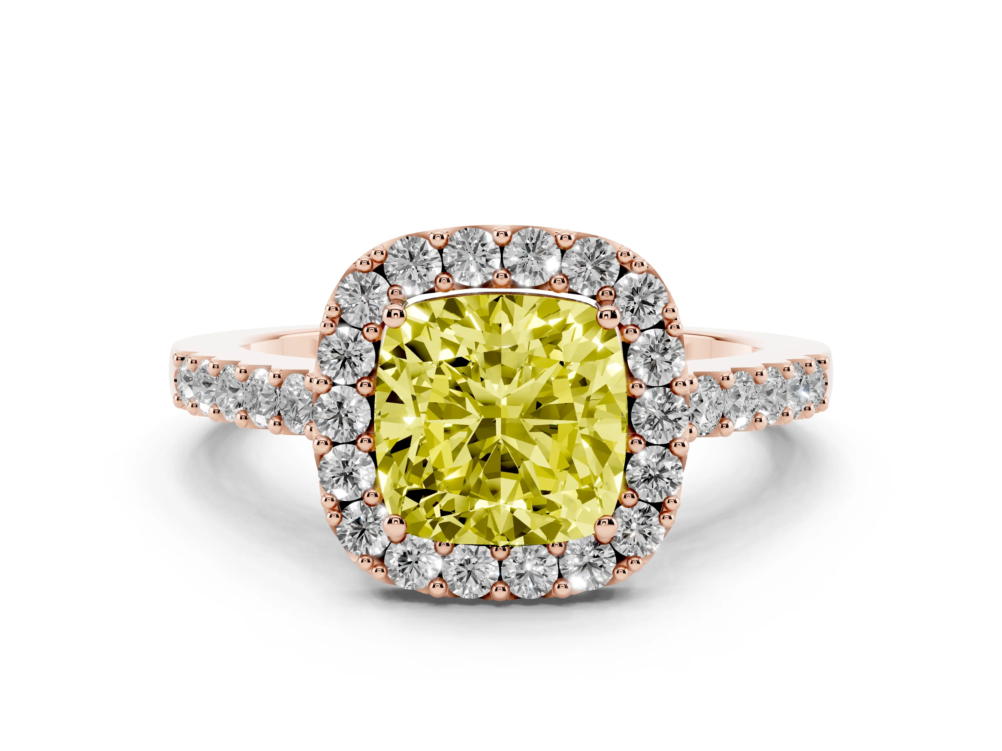 Fancy Yellow Cushion Cut Diamond Halo Pavé Solitaire Ring Set in Rose gold with Prong-Set Center Stone