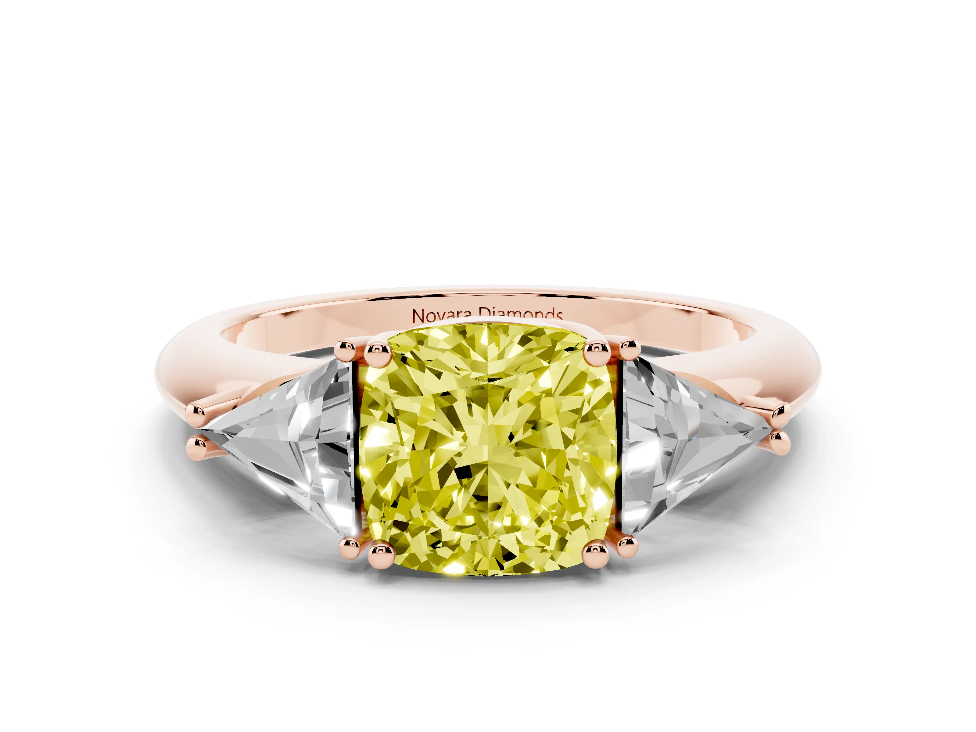 Fancy Yellow Cushion Cut Diamond Three-Stone Engagement Ring Set in Rose gold with Trillion Side Stones