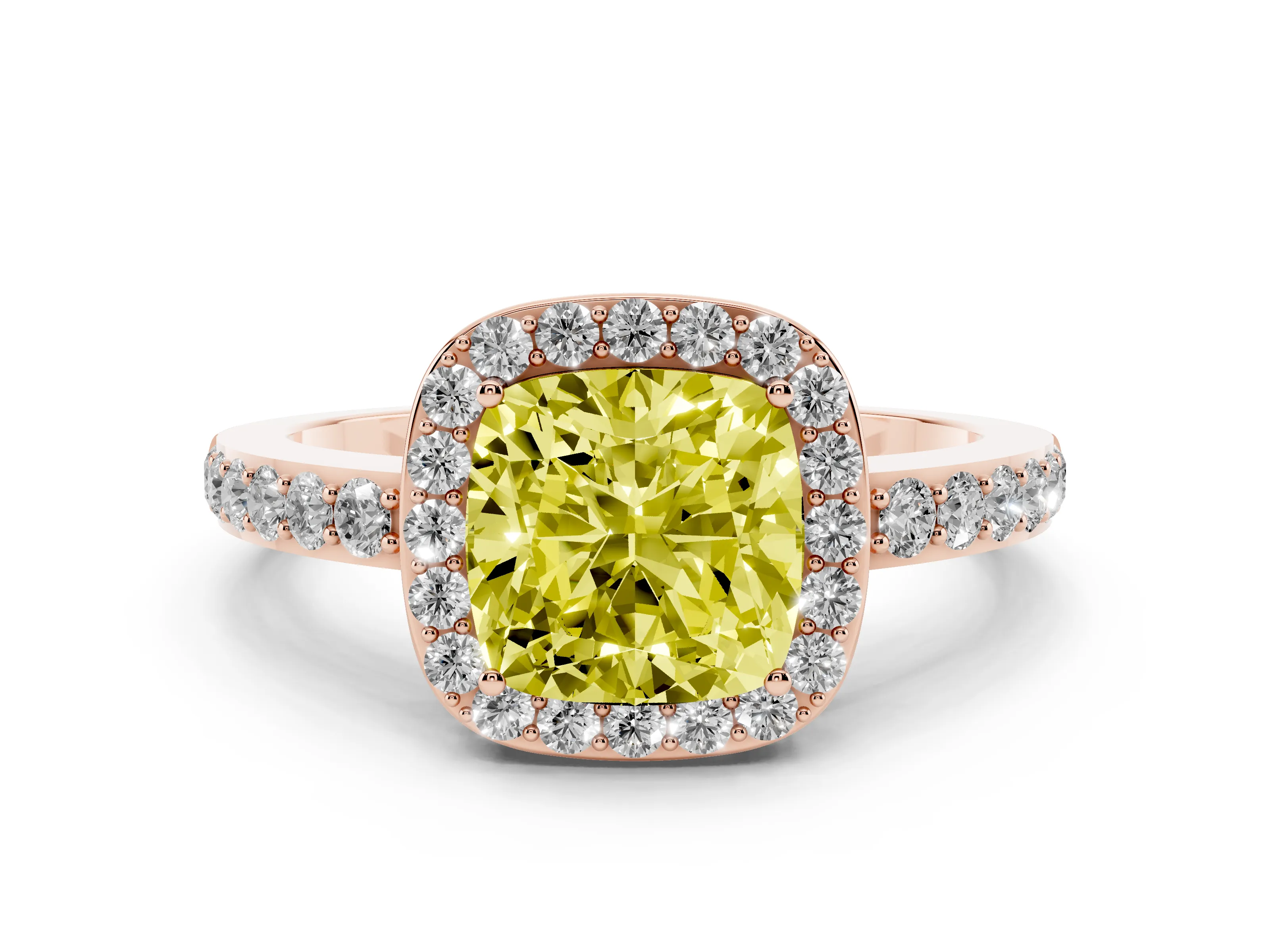 Fancy Yellow Cushion Cut Diamond Halo Ring Set in Rose gold with Pavé-Setting Band and Open Prong Center