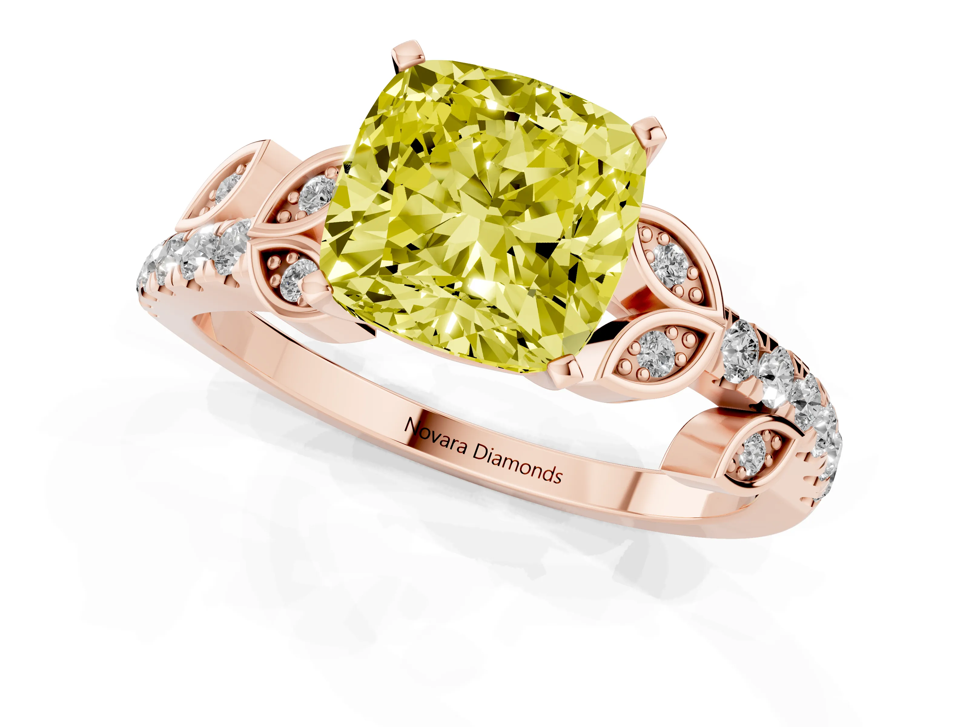 Fancy Yellow Cushion Cut Diamond Solitaire Leaf-Inspired Ring Set in Rose gold with Pavé Band and Prong Setting