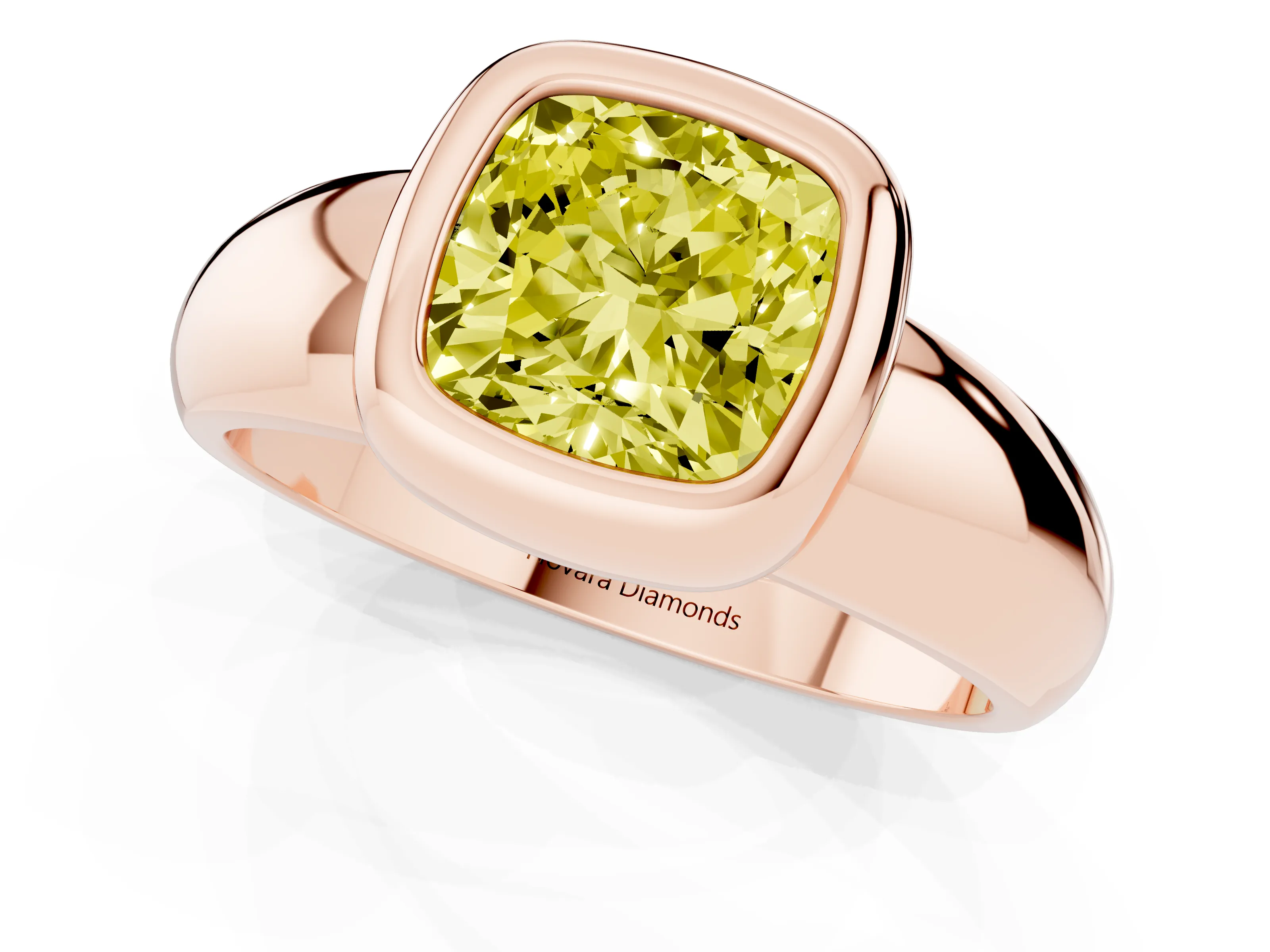 Fancy Yellow Bezel Set Cushion Cut Diamond Solitaire Ring Set in Rose gold with Wide Band