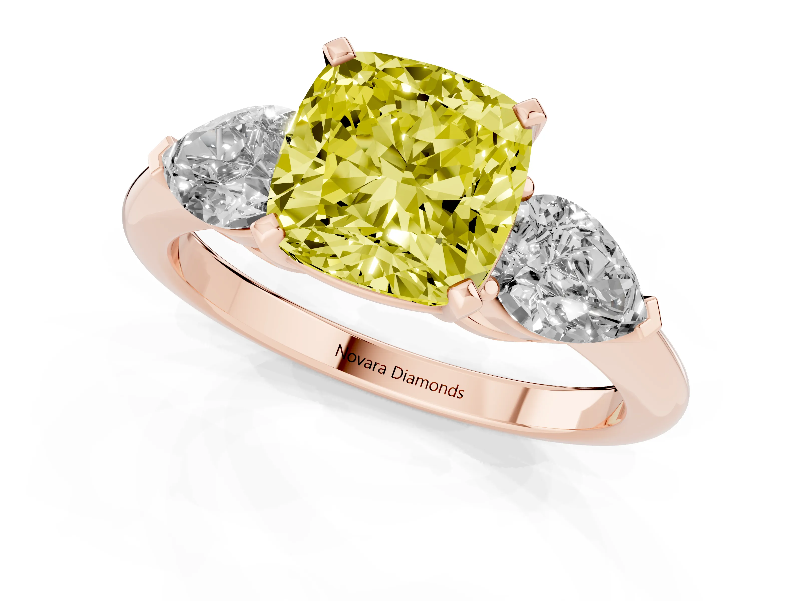 Fancy Yellow Three-Stone Cushion Cut Diamond Ring Set in Rose gold with Pear Side Stones and Prong Setting
