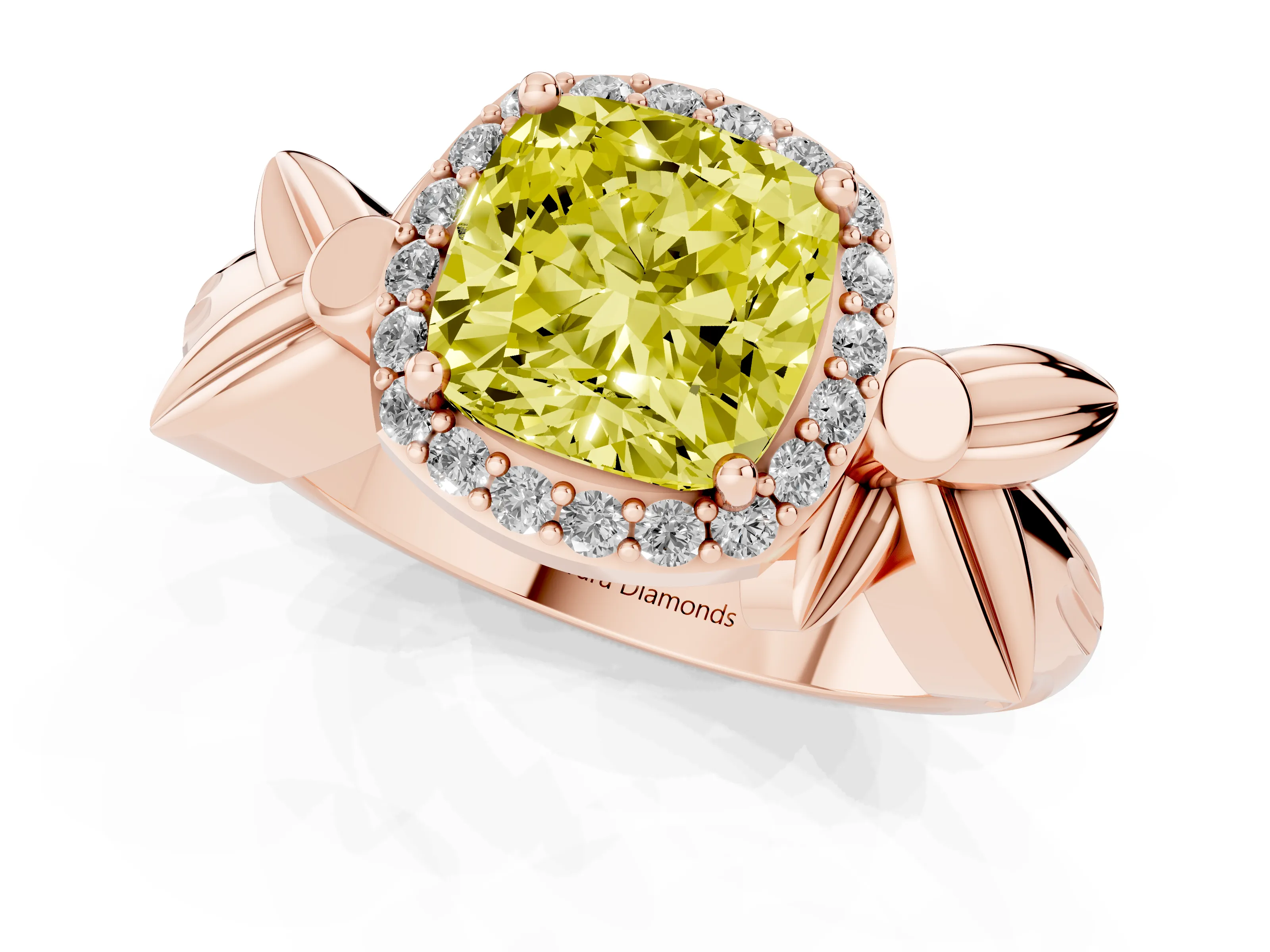 Fancy Yellow Cushion Cut Diamond Halo Floral Band Ring Set in Rose gold with Prong Setting