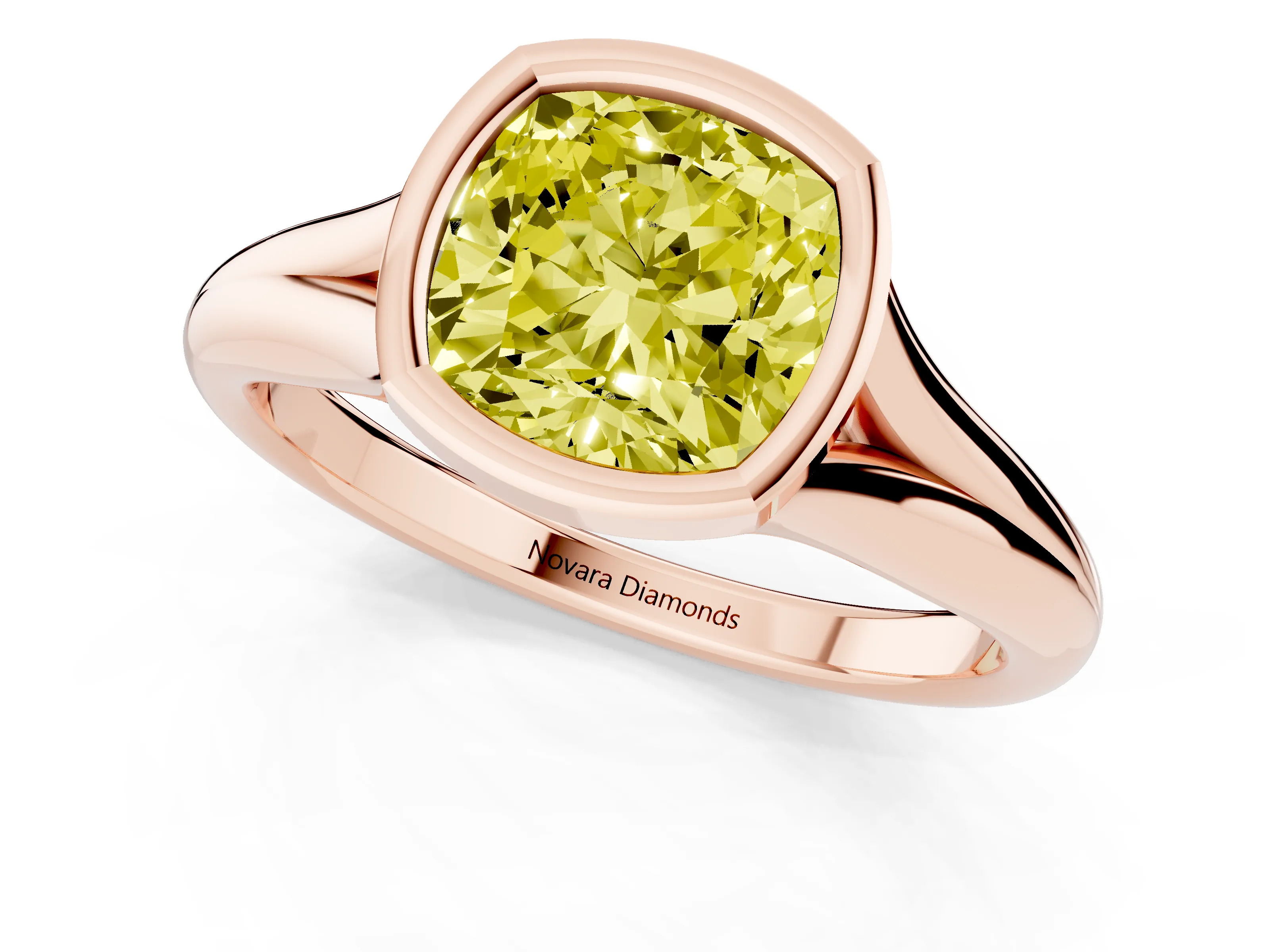 Fancy Yellow Bezel Set Cushion Cut Diamond Solitaire Ring Set in Rose gold with Smooth Band