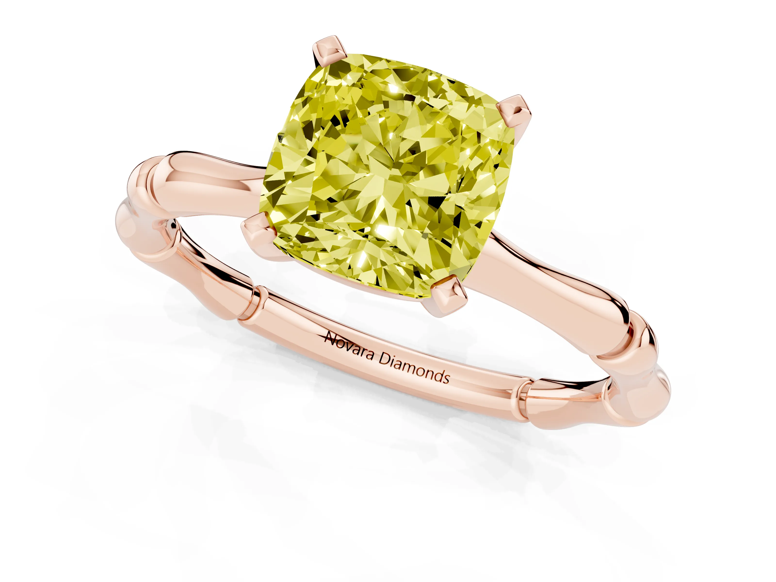 Fancy Yellow Cushion Cut Diamond Solitaire Ring Set in Rose gold with Bamboo Band and Prong Setting