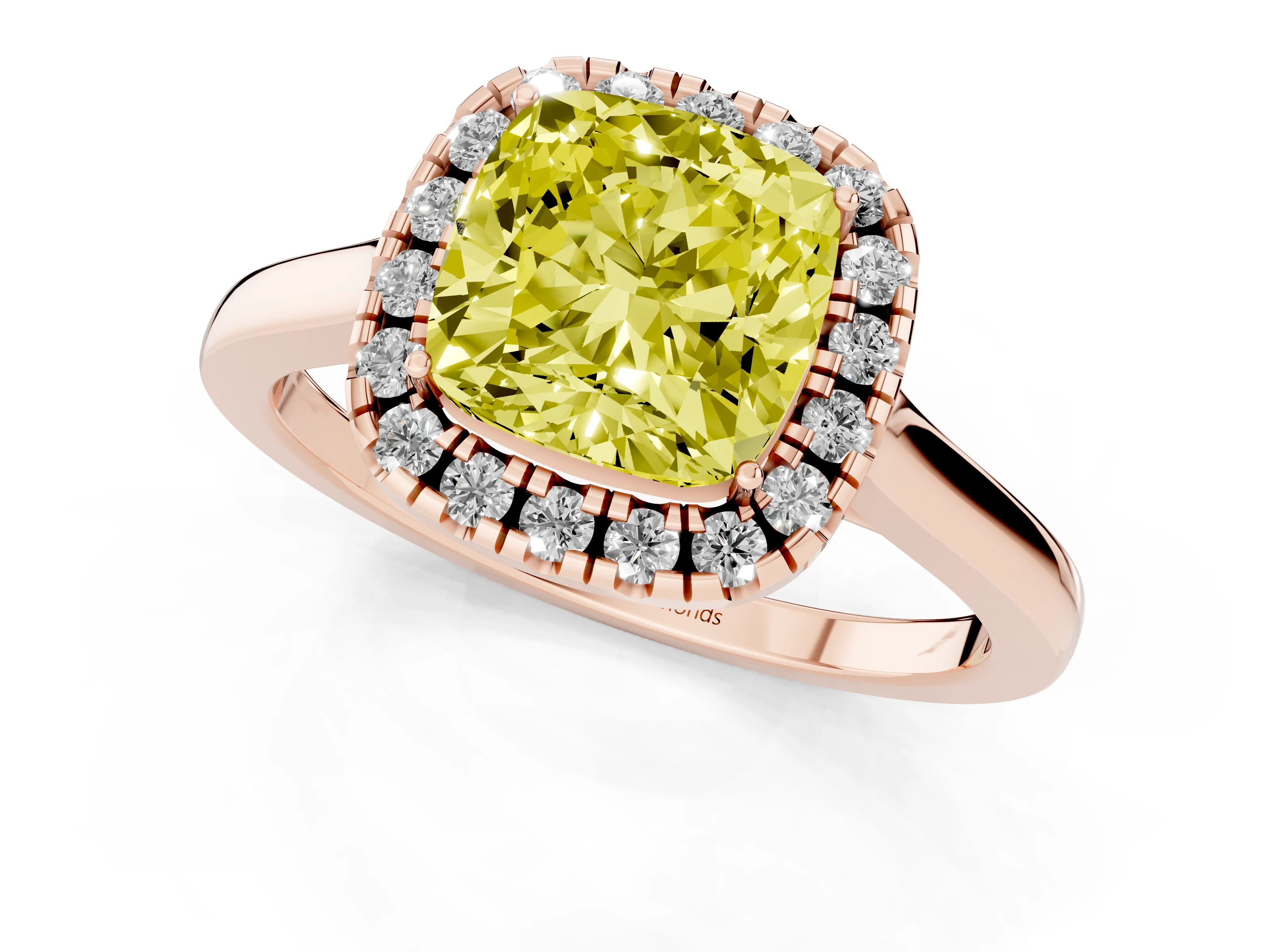 Fancy Yellow Cushion Cut Halo Round Diamond Solitaire Ring Set in Rose gold with Pavé Band and Prong Setting