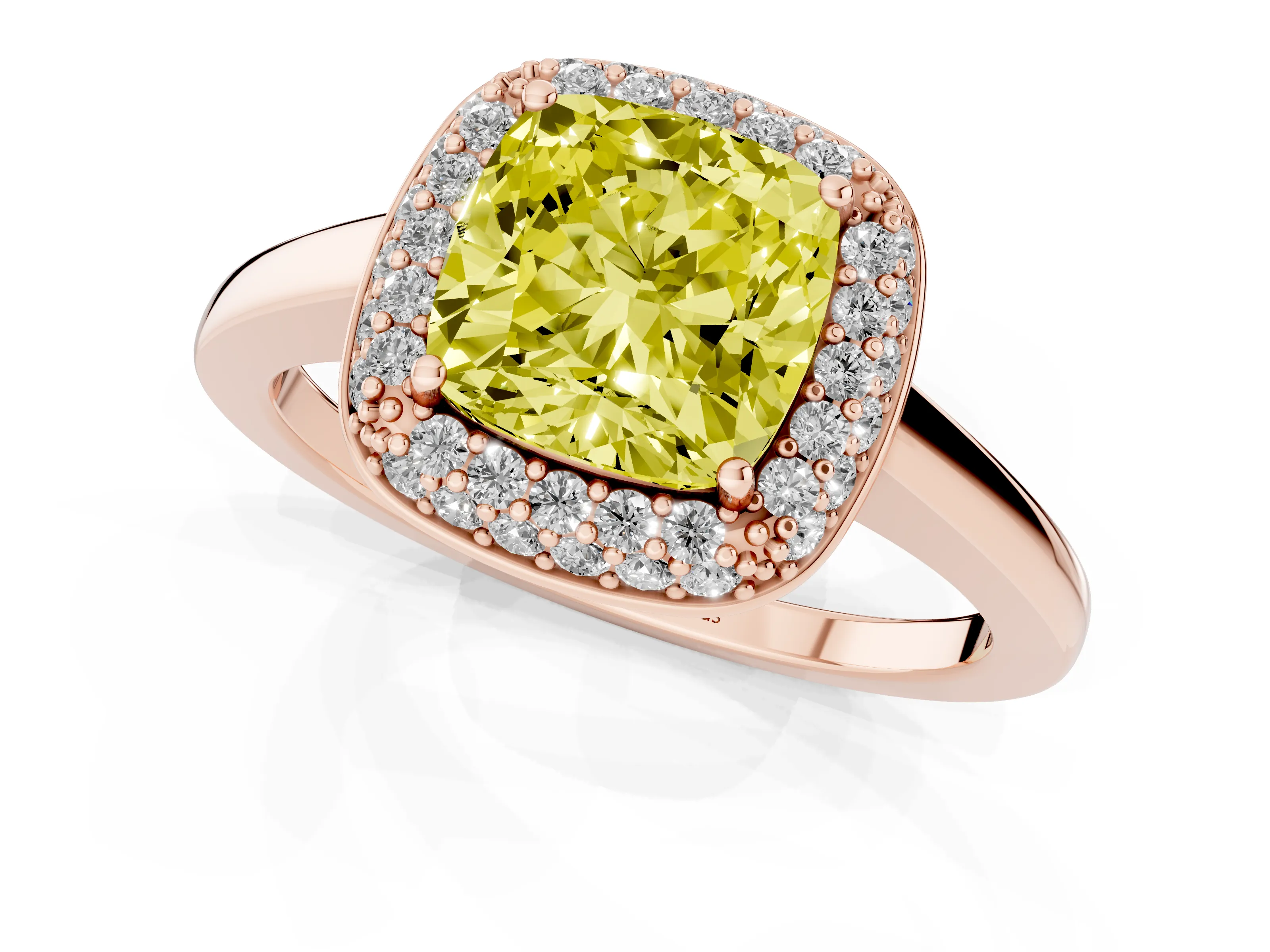 Fancy Yellow Cushion Cut Diamond Halo Engagement Ring Set in Rose gold with Solitaire Band and Prong Setting
