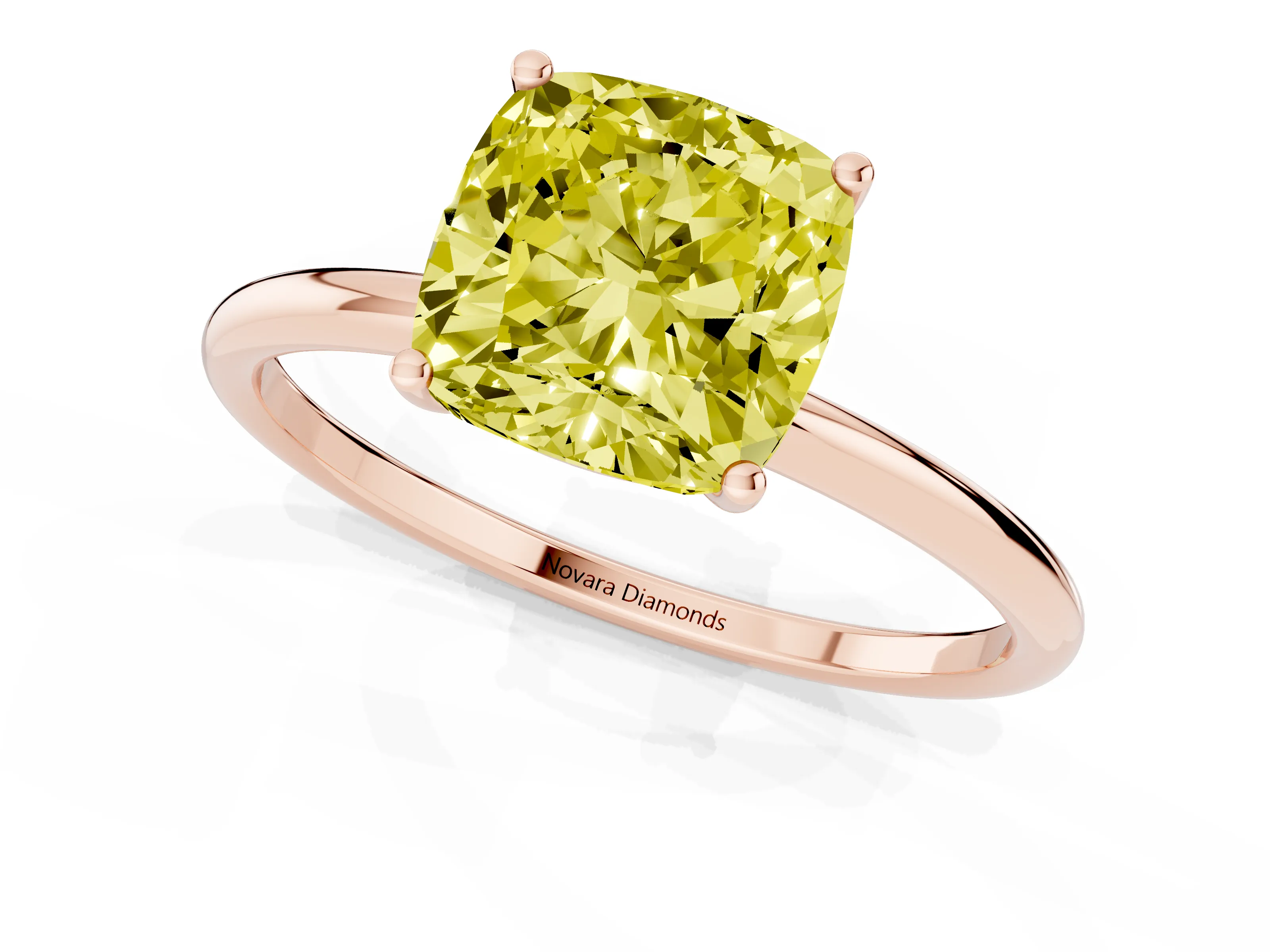 Fancy Yellow Cushion Cut Diamond Solitaire Engagement Ring Set in Rose gold with Thin Band and Prong Setting