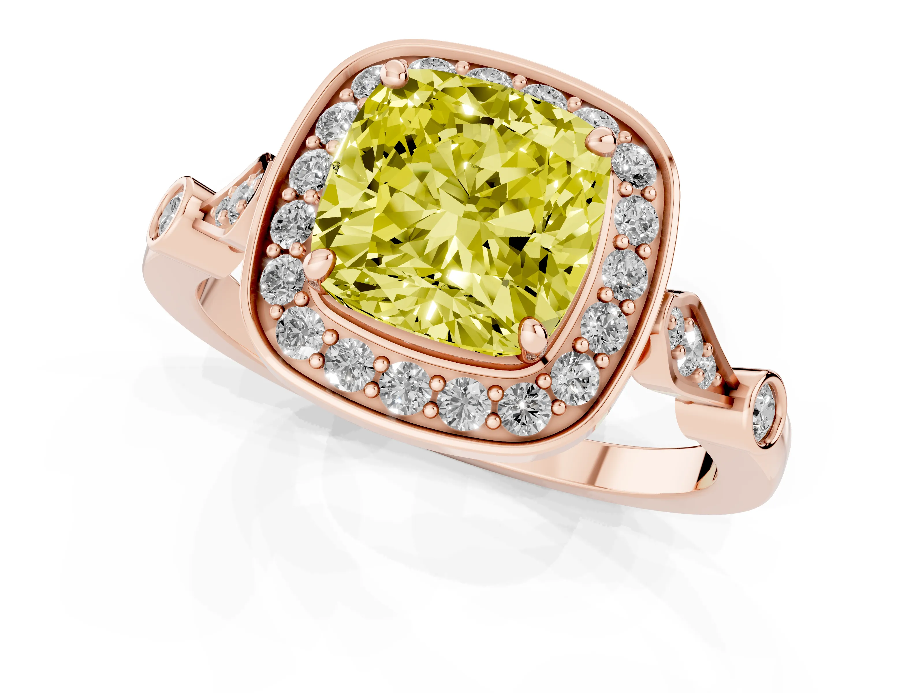 Fancy Yellow Cushion Cut Diamond Halo Engagement Ring Set in Rose gold with Twisted Band and Prong Setting