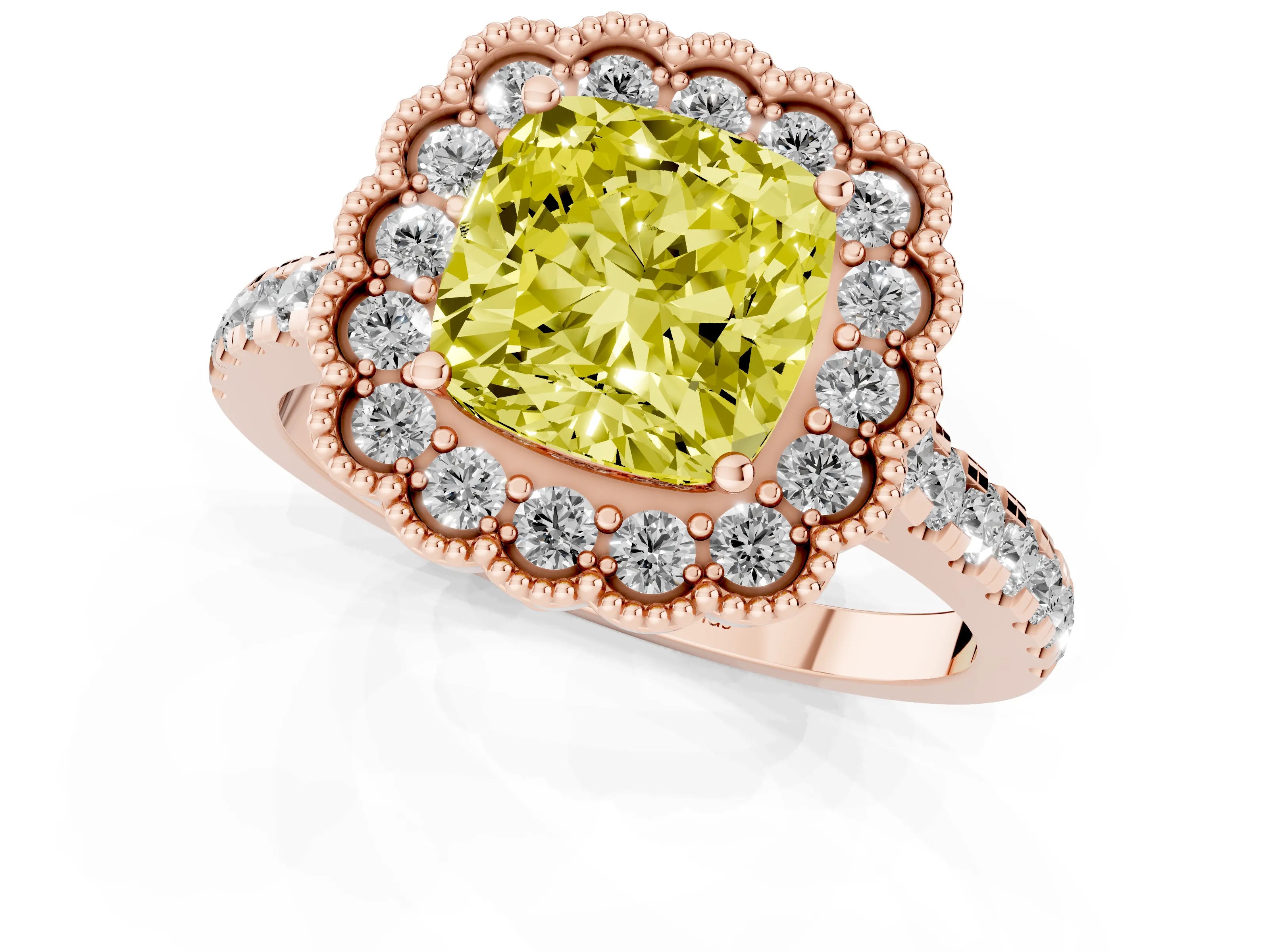 Fancy Yellow Cushion Cut Diamond Milgrain Floral Halo Engagement Ring Set in Rose gold with Pavé Band