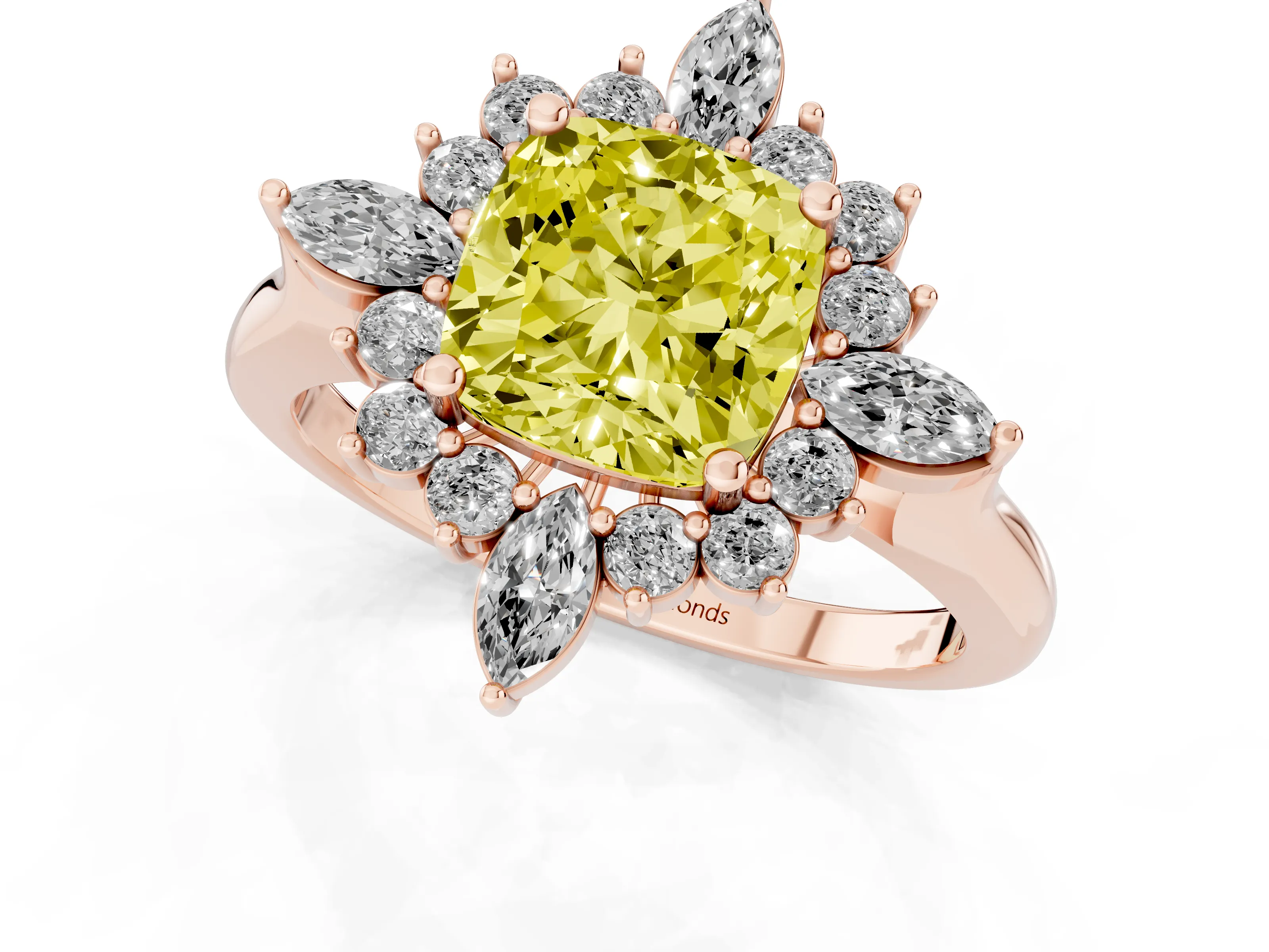 Fancy Yellow Cushion Cut Diamond Cluster Halo Ring Set in Rose gold with Marquise and Round Accents