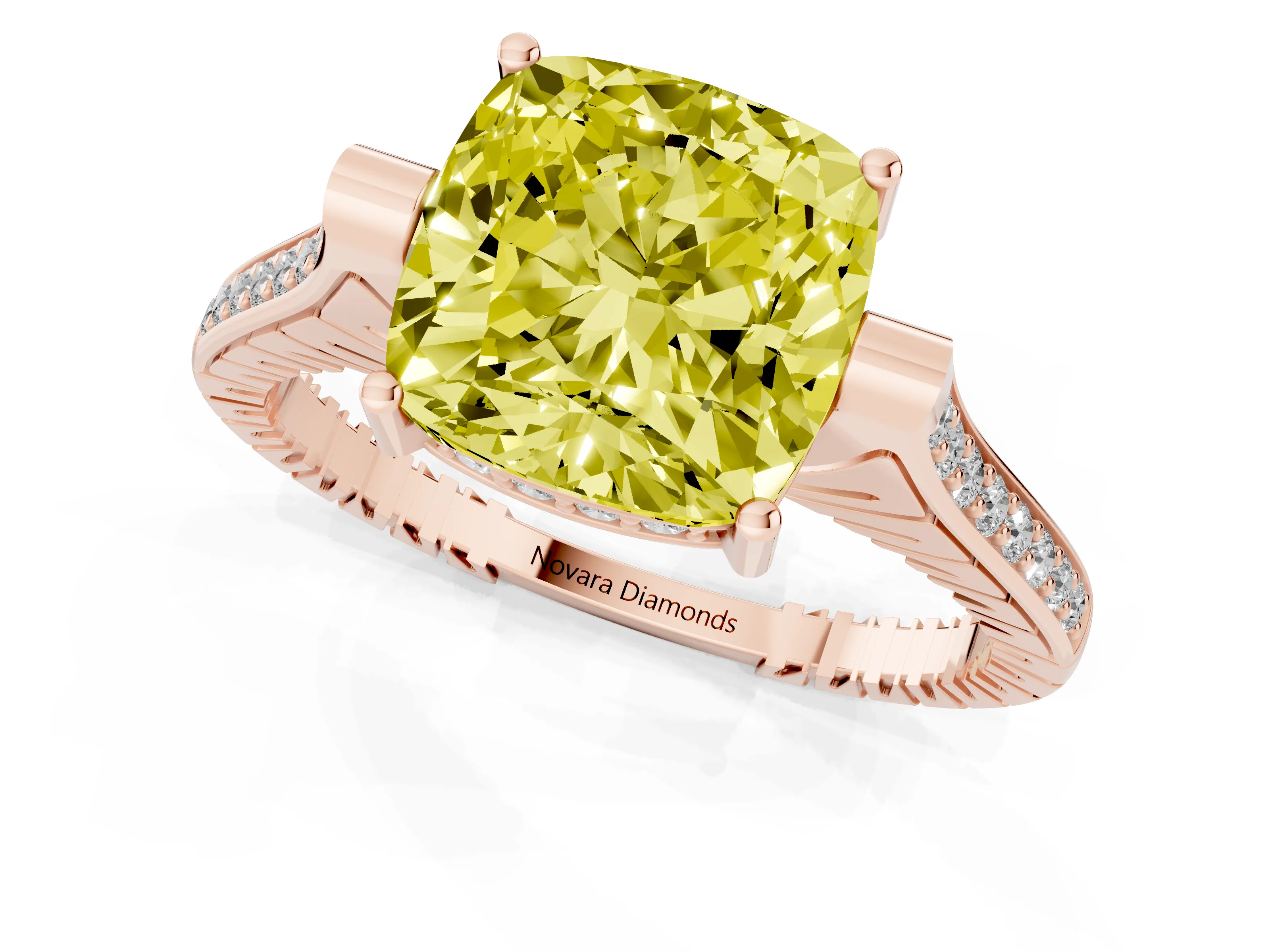 Fancy Yellow Cushion Cut Diamond Solitaire Ring Set in Rose gold with Channel Set Band and Bezel Prong Setting