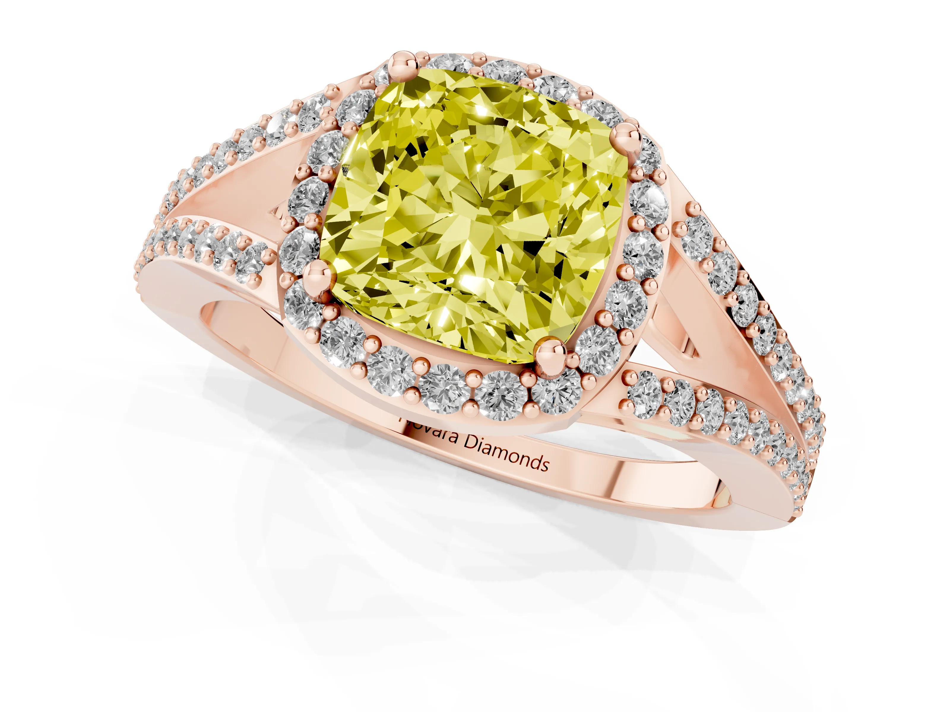 Fancy Yellow Cushion Cut Diamond Halo Split Shank Ring Set in Rose gold with Accent Stones and Prong Setting