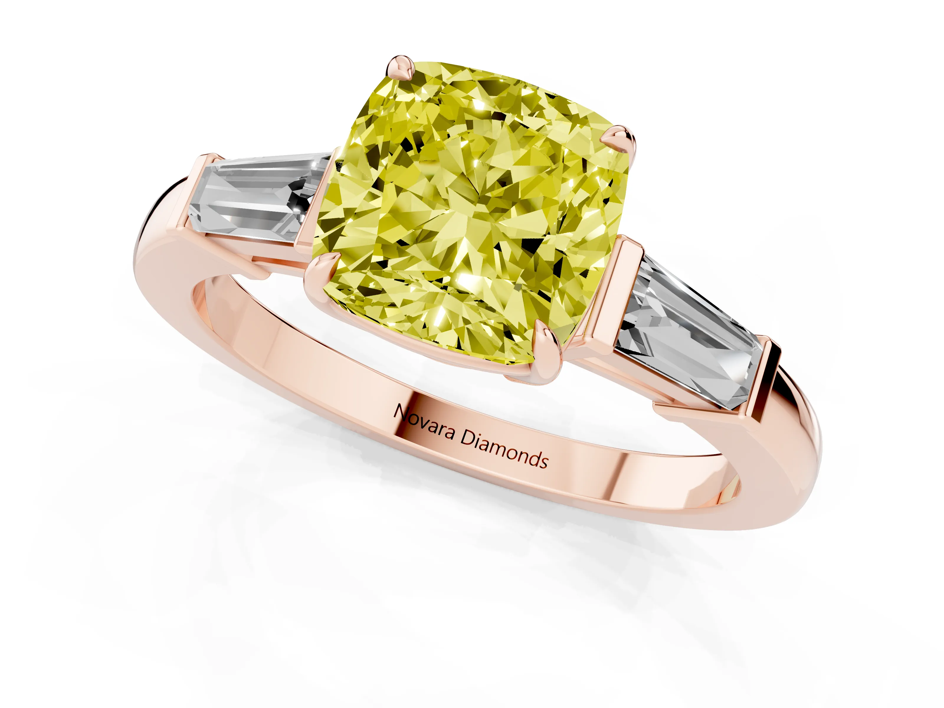 Fancy Yellow Cushion Cut Diamond Three-Stone Ring Set in Rose gold with Tapered Baguette Side Stones and Prong Setting