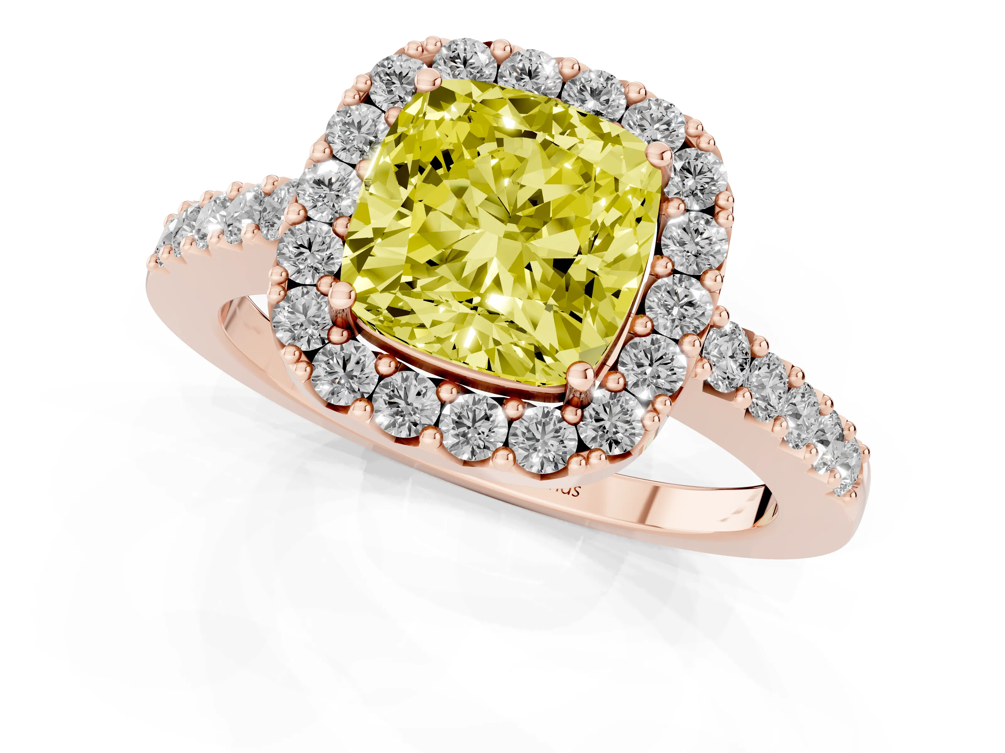 Fancy Yellow Cushion Cut Diamond Halo Pavé Solitaire Ring Set in Rose gold with Prong-Set Center Stone