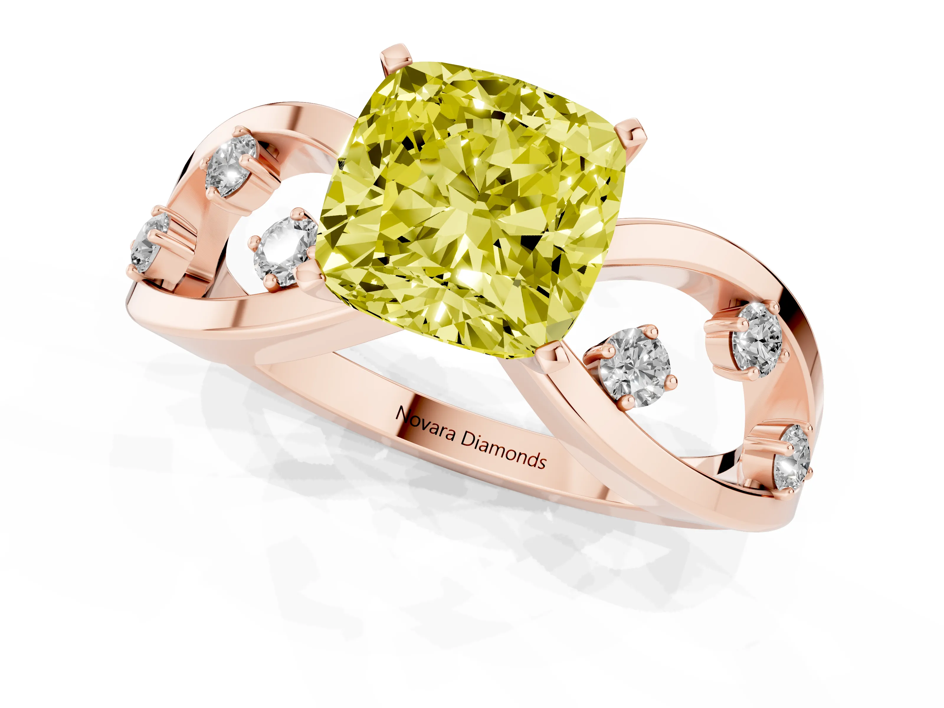 Fancy Yellow Cushion Cut Diamond Solitaire Ring Set in Rose gold with Side Stones on Criss-Cross Band and Prong Setting