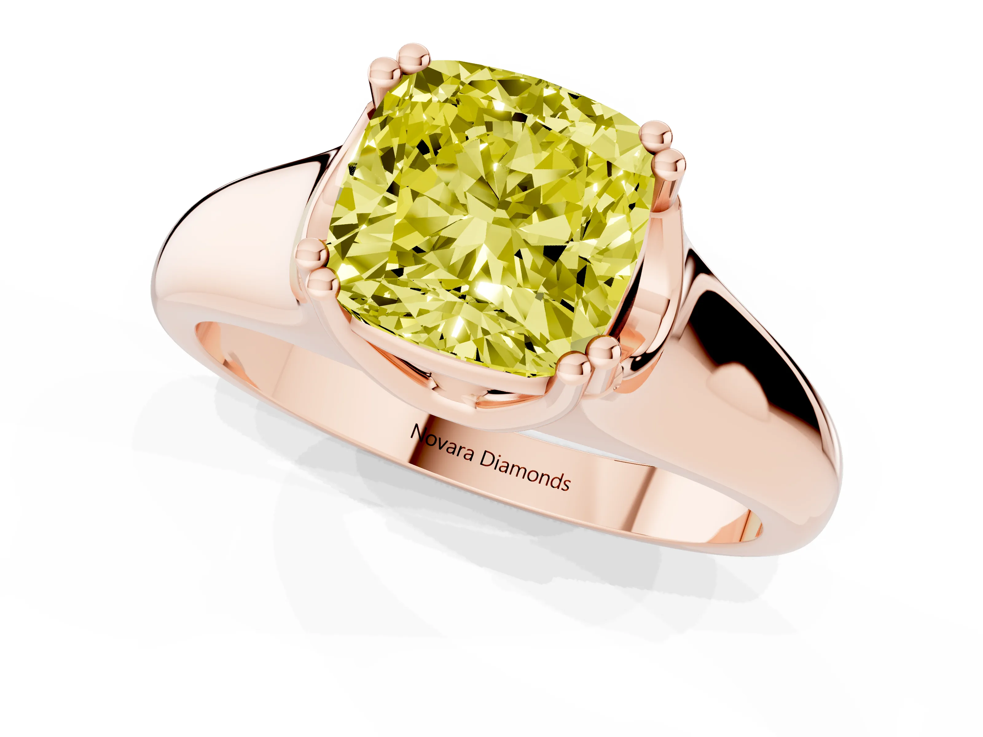 Fancy Yellow Cushion Cut Diamond Solitaire Ring Set in Rose gold with Wide Band and Prong Setting