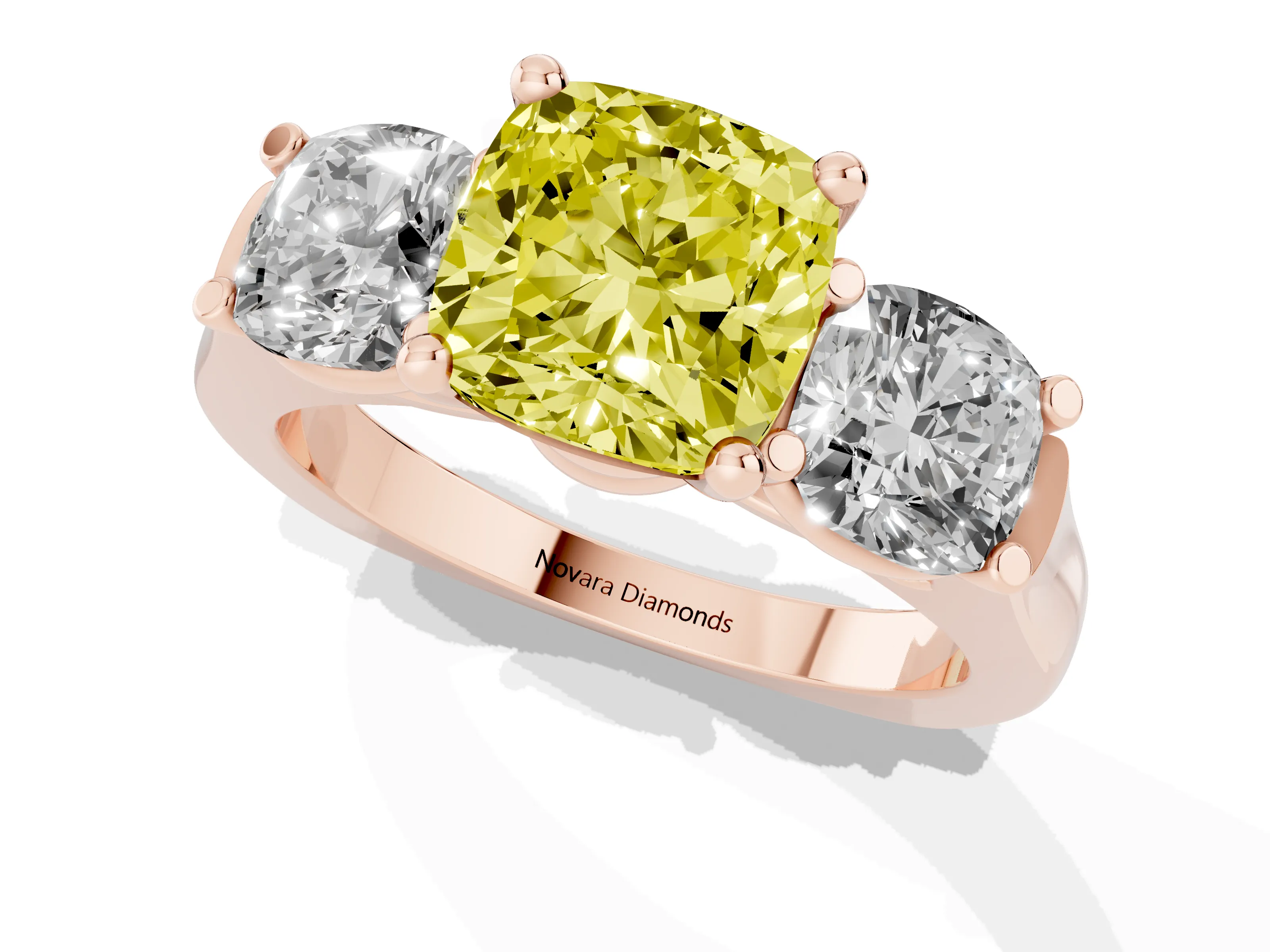 Fancy Yellow Cushion Cut Diamond Three-Stone Trellis Ring Set in Rose gold with Comfort Fit Band