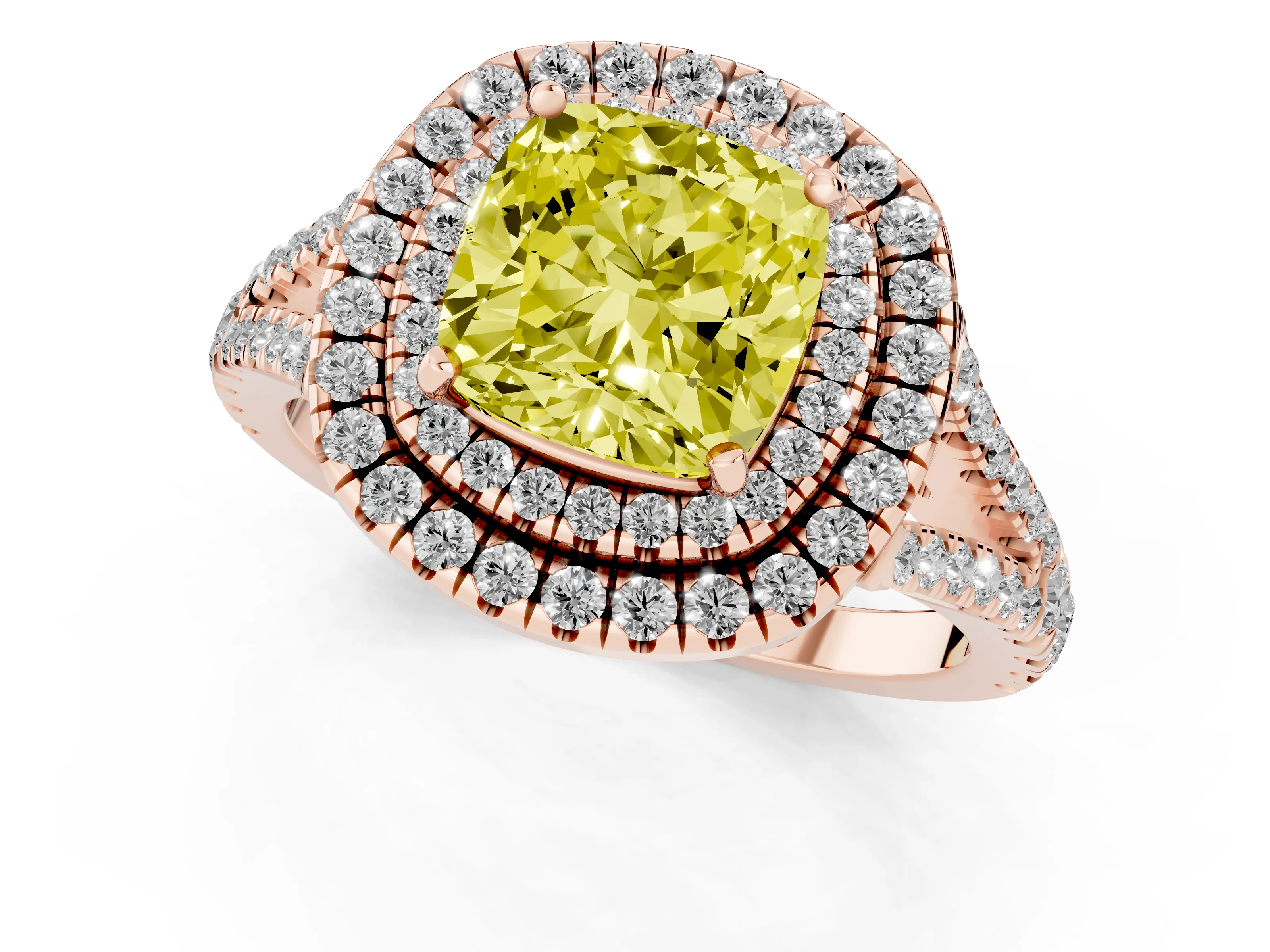 Fancy Yellow Cushion Cut Diamond Double Halo Ring Set in Rose gold with Pavé Band