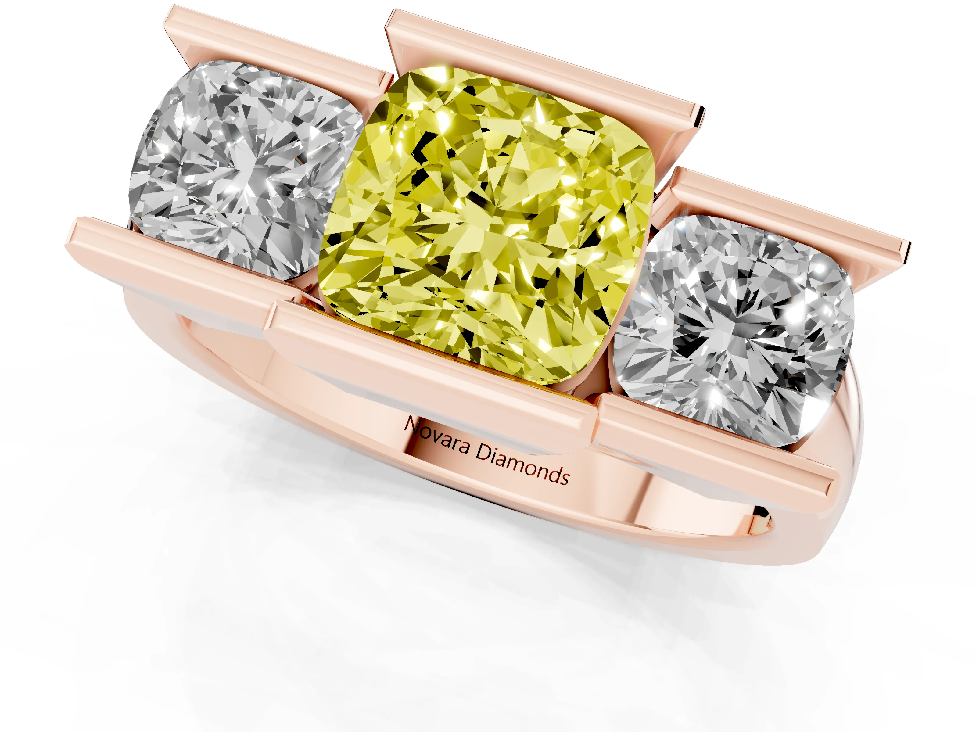 Fancy Yellow Cushion Cut Diamond Three-Stone Channel Set Ring Set in Rose gold with Smooth Polished Band