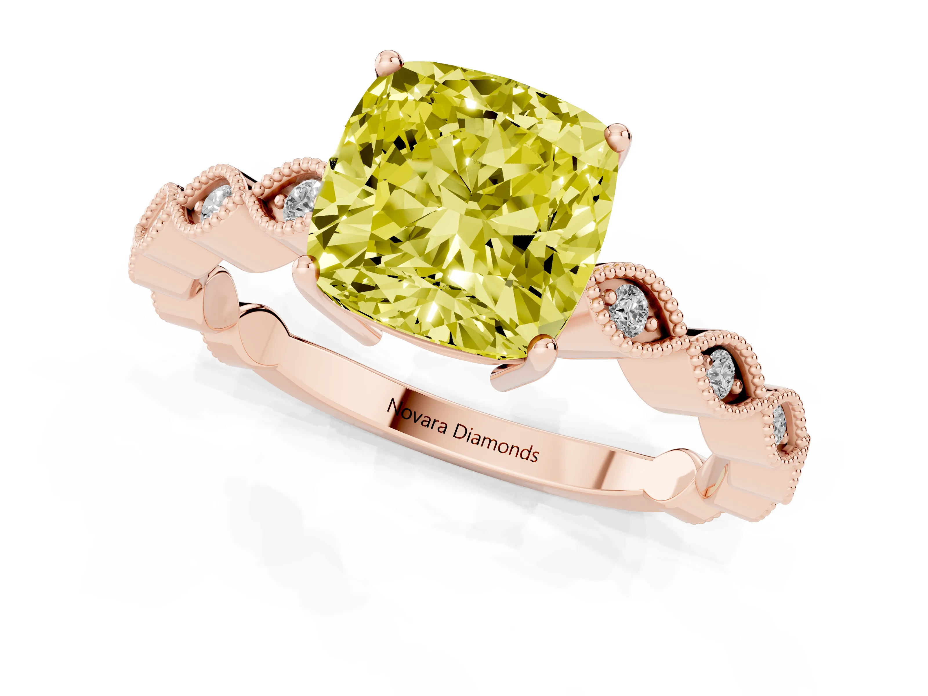 Fancy Yellow Cushion Cut Diamond Solitaire Ring Set in Rose gold with Infinity Twist Pavé Band