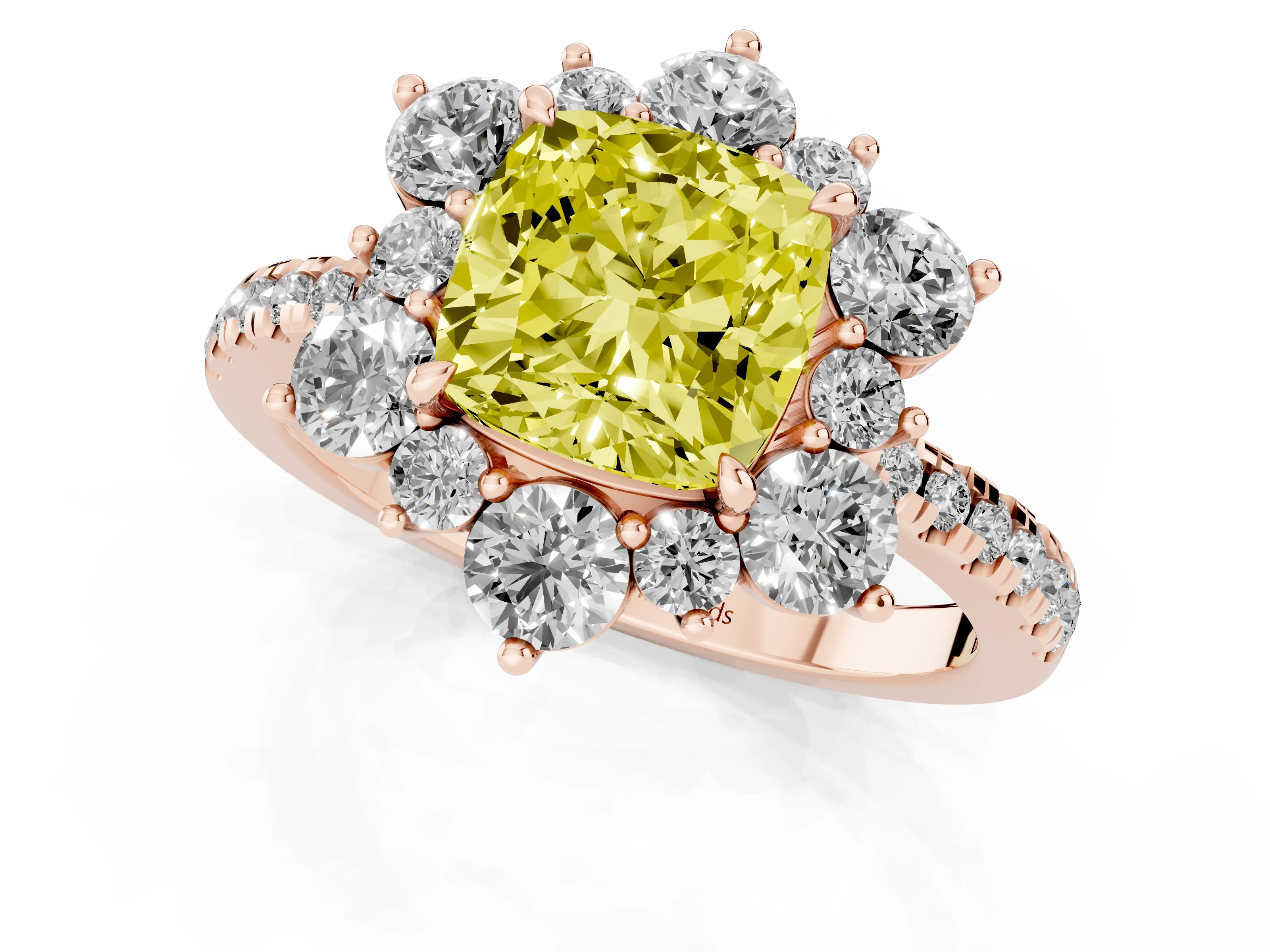 Fancy Yellow Cushion Cut Diamond Floral Halo Ring Set in Rose gold with Round Pavé Band and Prong Setting