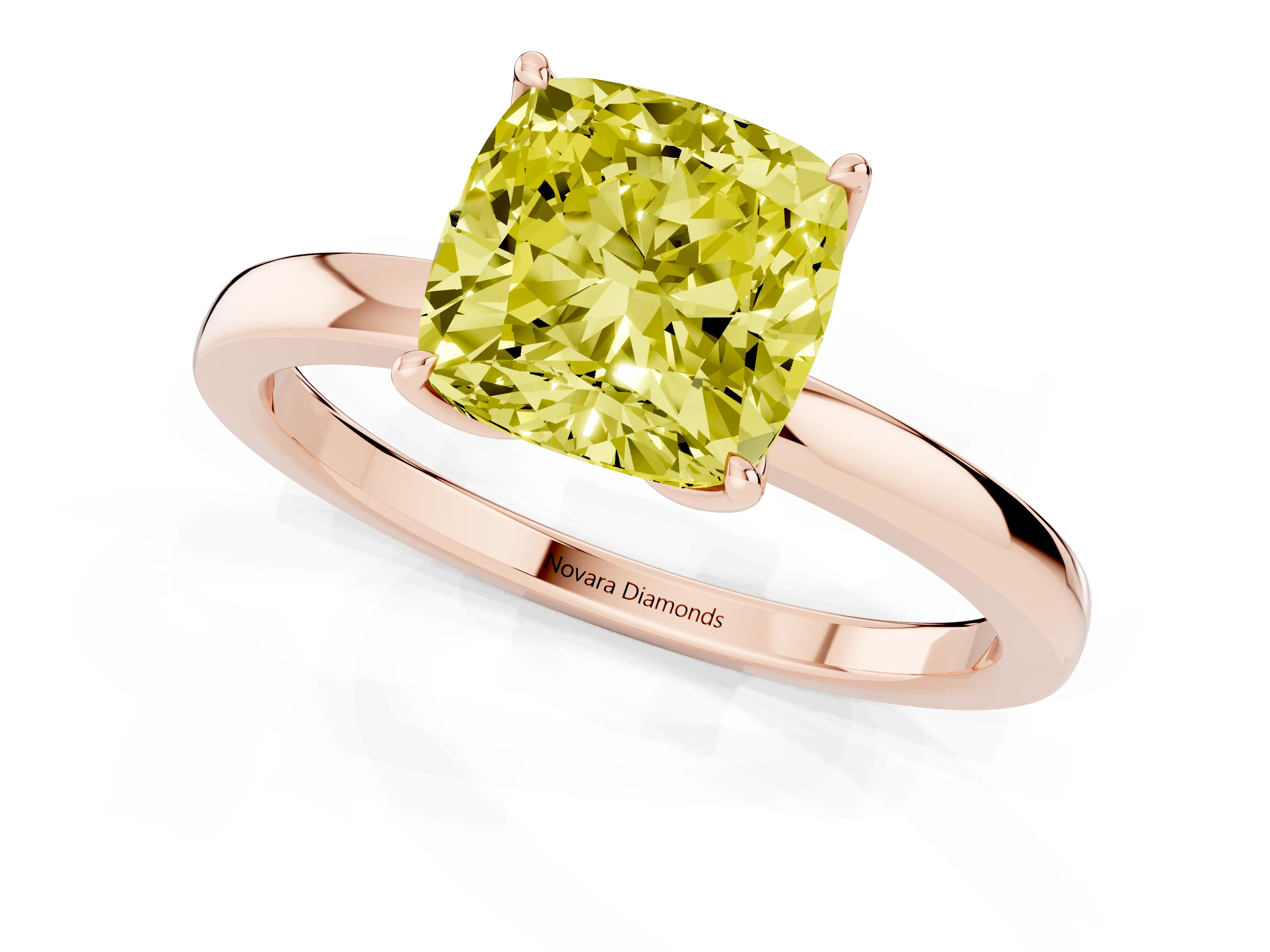 Fancy Yellow Cushion Cut Diamond Solitaire Ring Set in Rose gold with Prong Setting and Thin Polished Band
