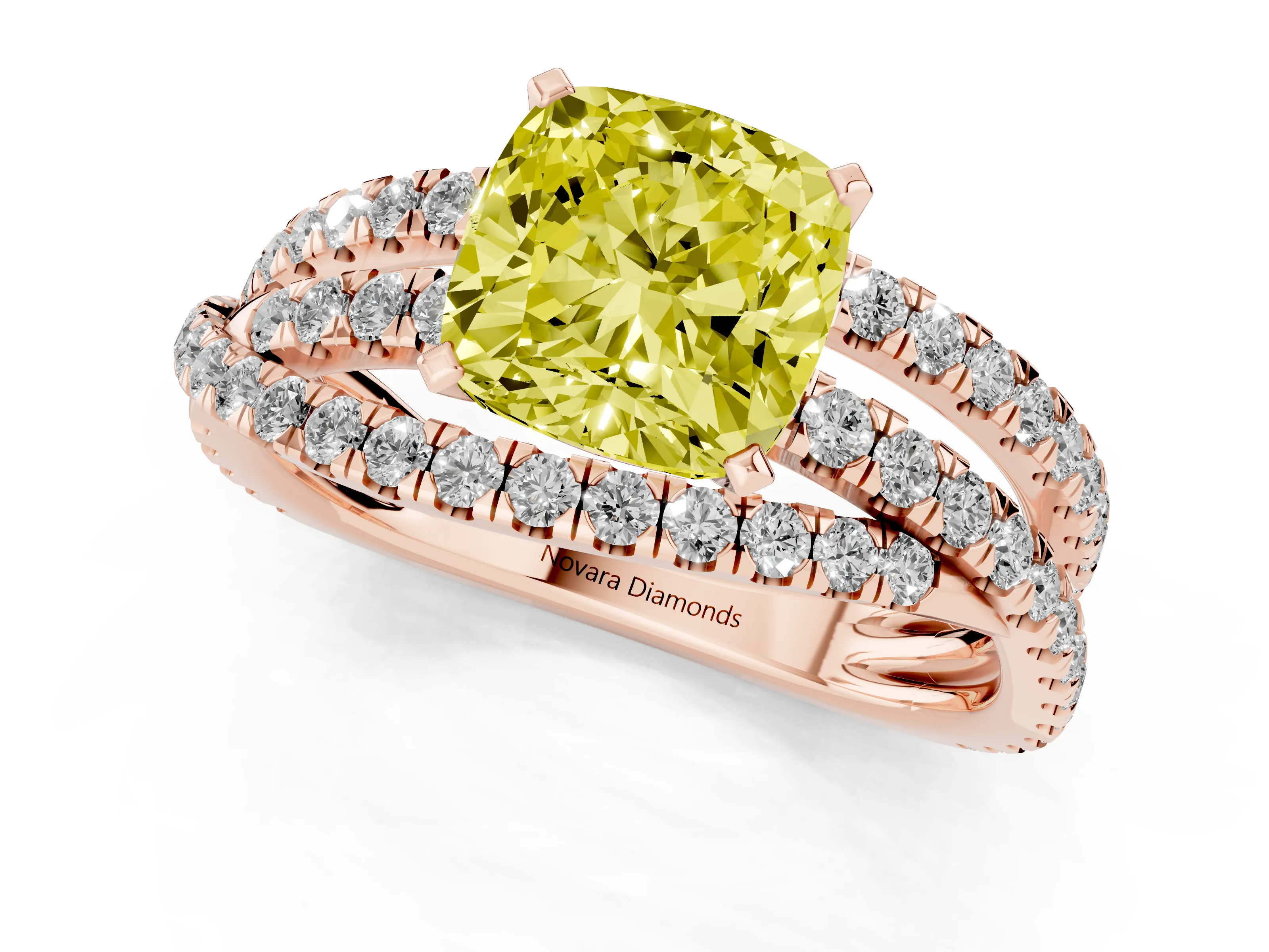 Fancy Yellow Cushion Cut Diamond Solitaire Twist Band Ring Set in Rose gold with Pavé Setting and Prong Head