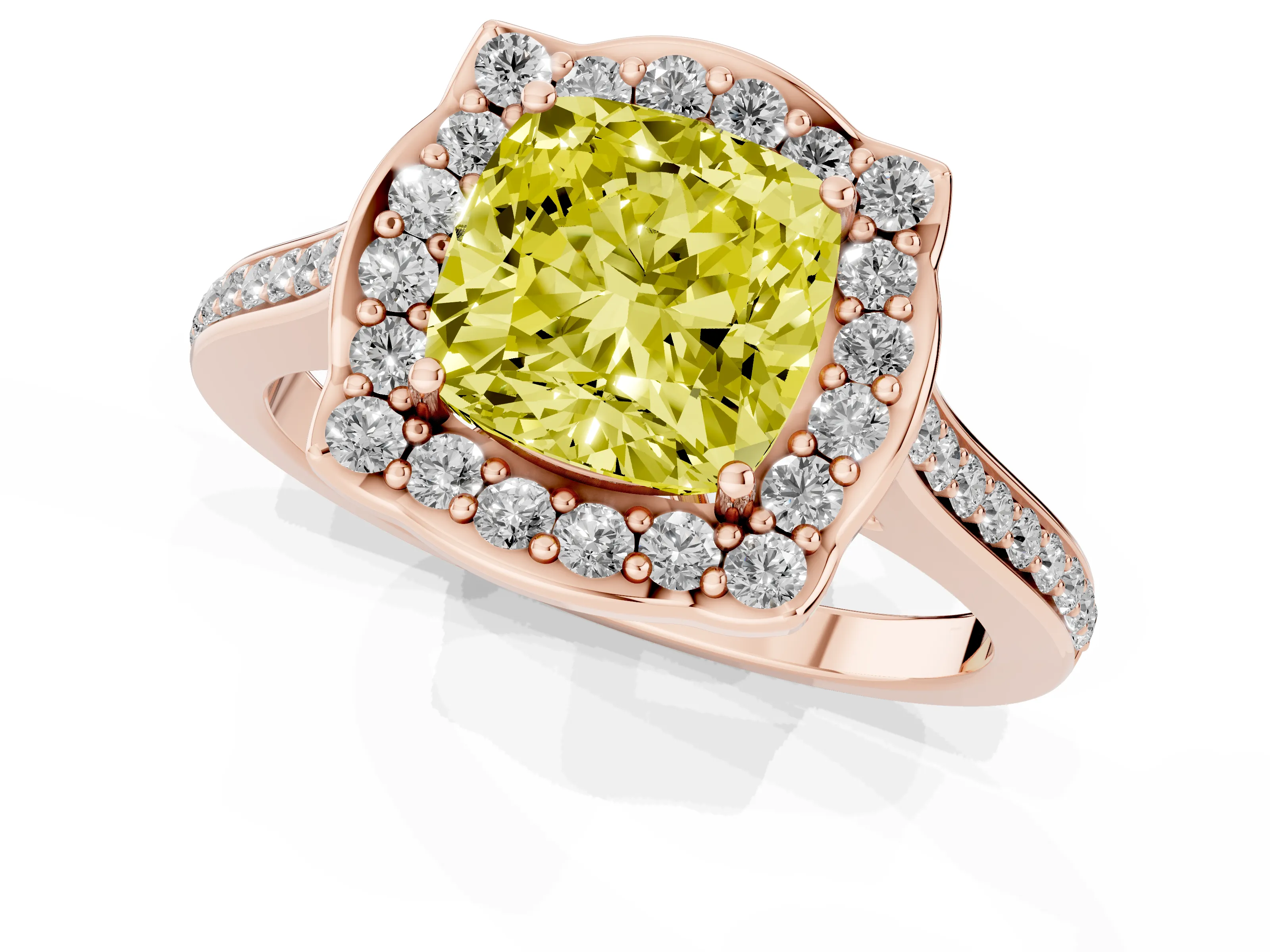 Fancy Yellow Cushion Cut Diamond Halo Ring Set in Rose gold with Pavé-Lined Shoulders and Prong Setting