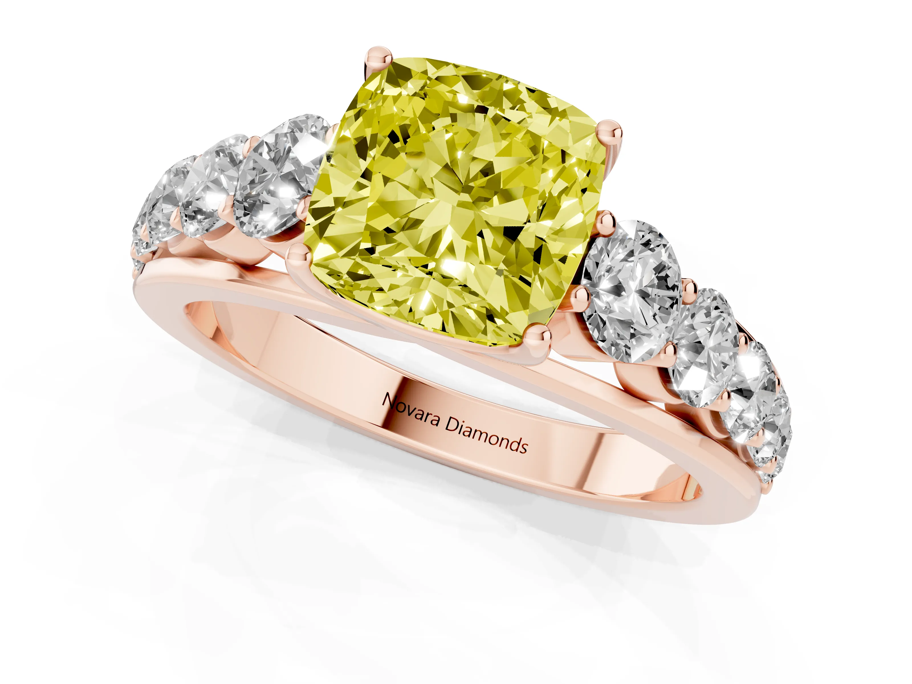 Fancy Yellow Cushion Cut Diamond Solitaire Ring Set in Rose gold with Pavé-Set Band and Prong Setting