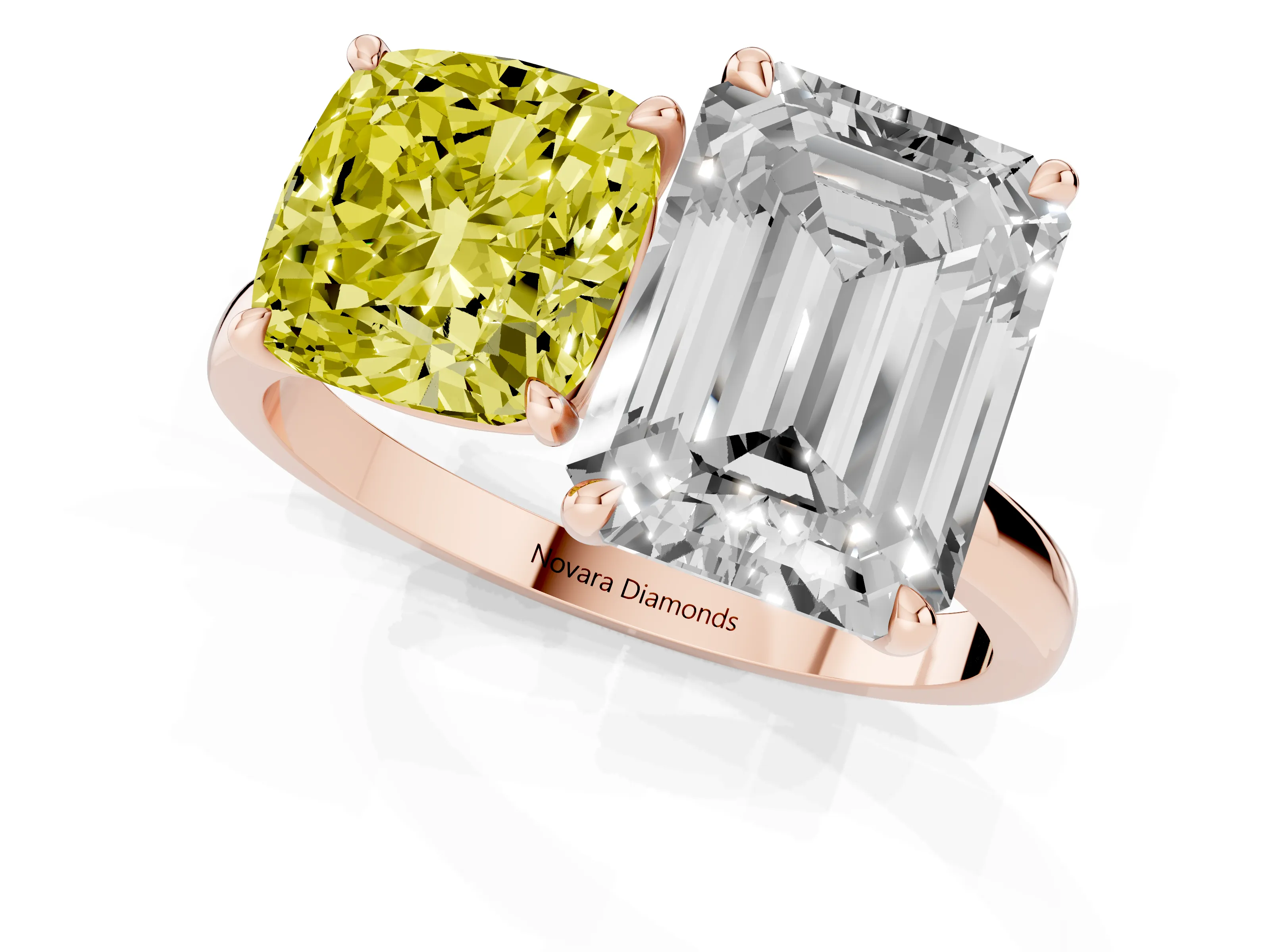 Fancy Yellow Cushion Cut and Emerald Cut Toi Moi Ring Set in Rose gold with Prong Setting