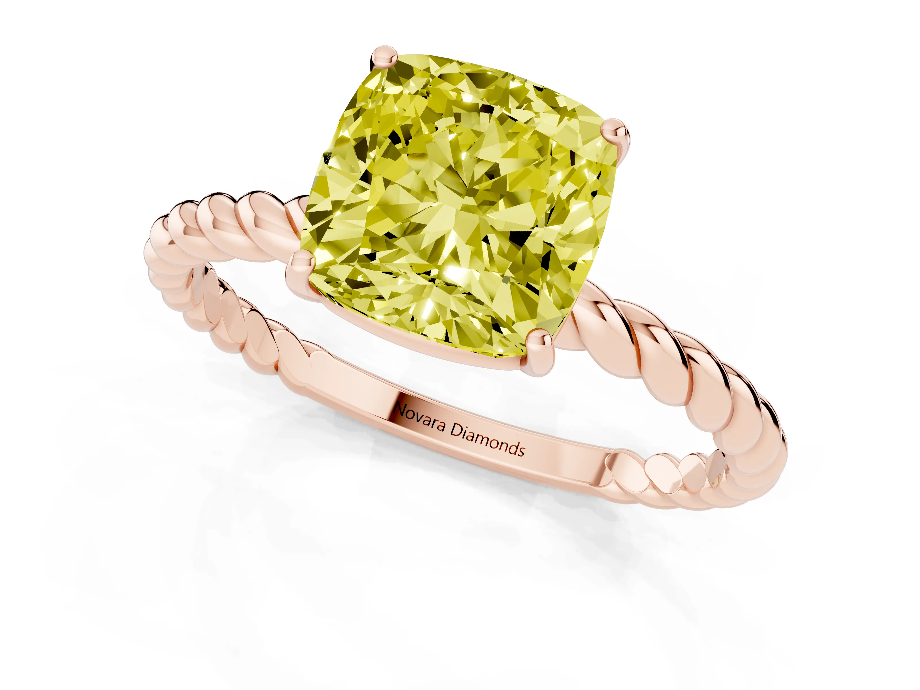 Fancy Yellow Cushion Cut Diamond Solitaire Ring Set in Rose gold with Twist Band and Prong Setting