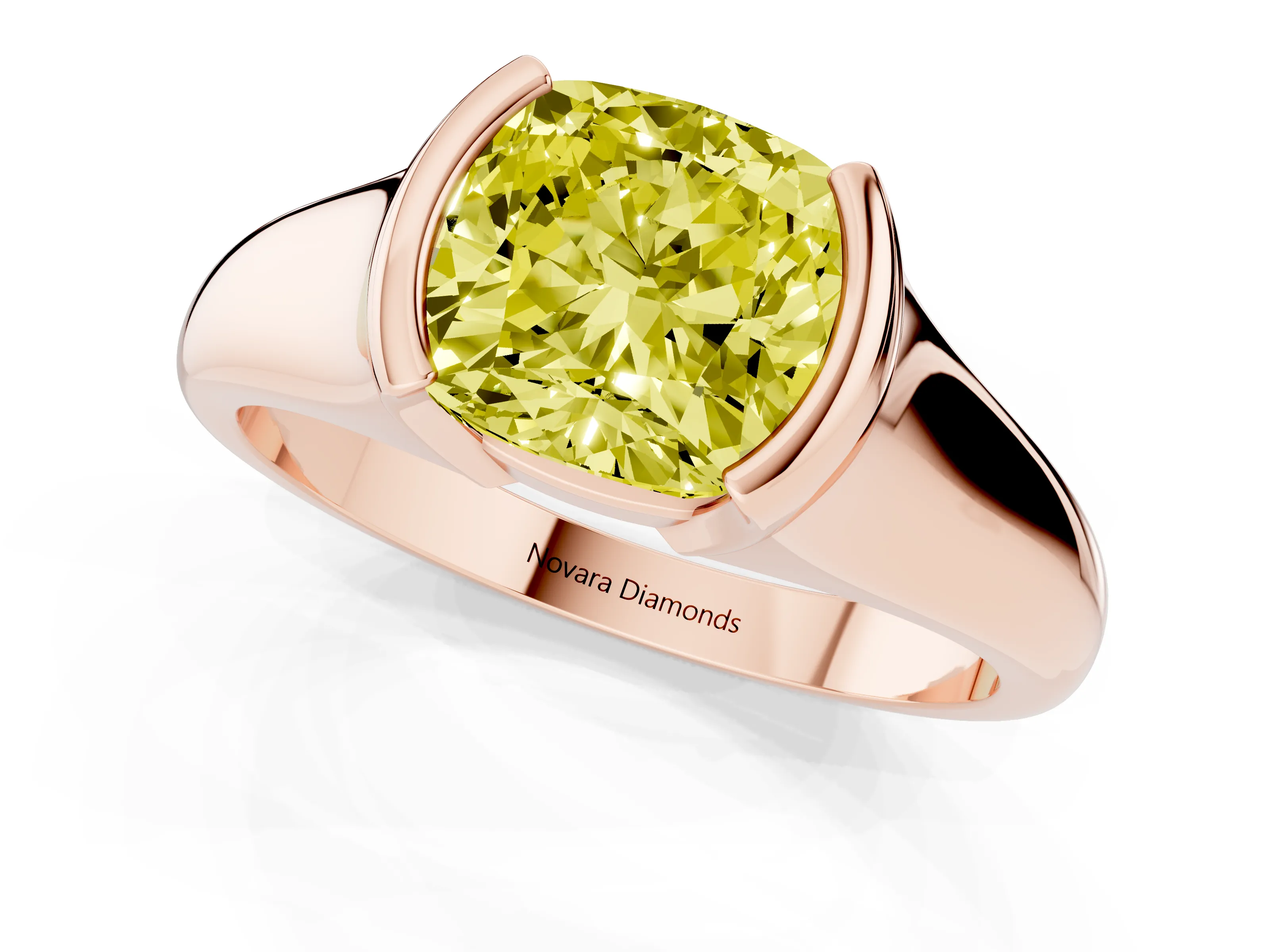 Fancy Yellow Cushion Cut Diamond Solitaire Tension Set Ring Set in Rose gold with Split Shank Band