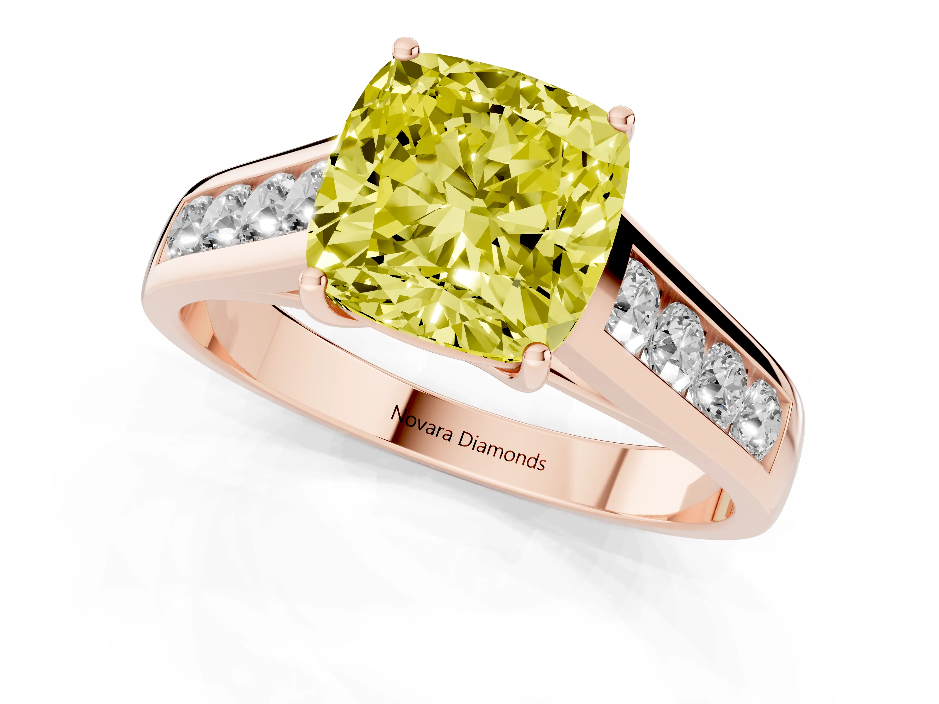 Fancy Yellow Cushion Cut Diamond Brilliant Channel-Set Solitaire Ring Set in Rose gold with Prong Setting
