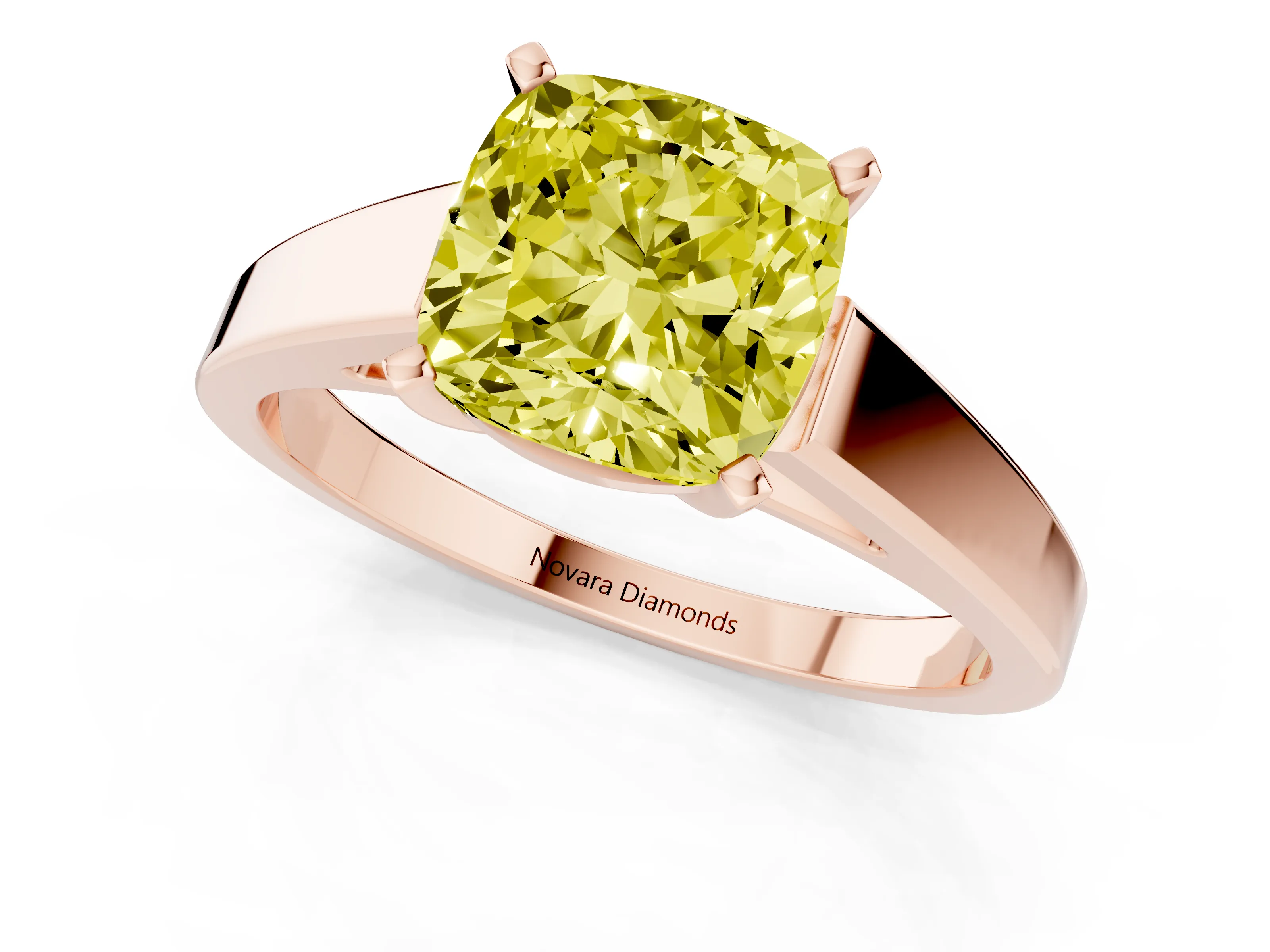 Fancy Yellow Cushion Cut Diamond Solitaire Engagement Ring Set in Rose gold with Prong Setting and Tapered Band