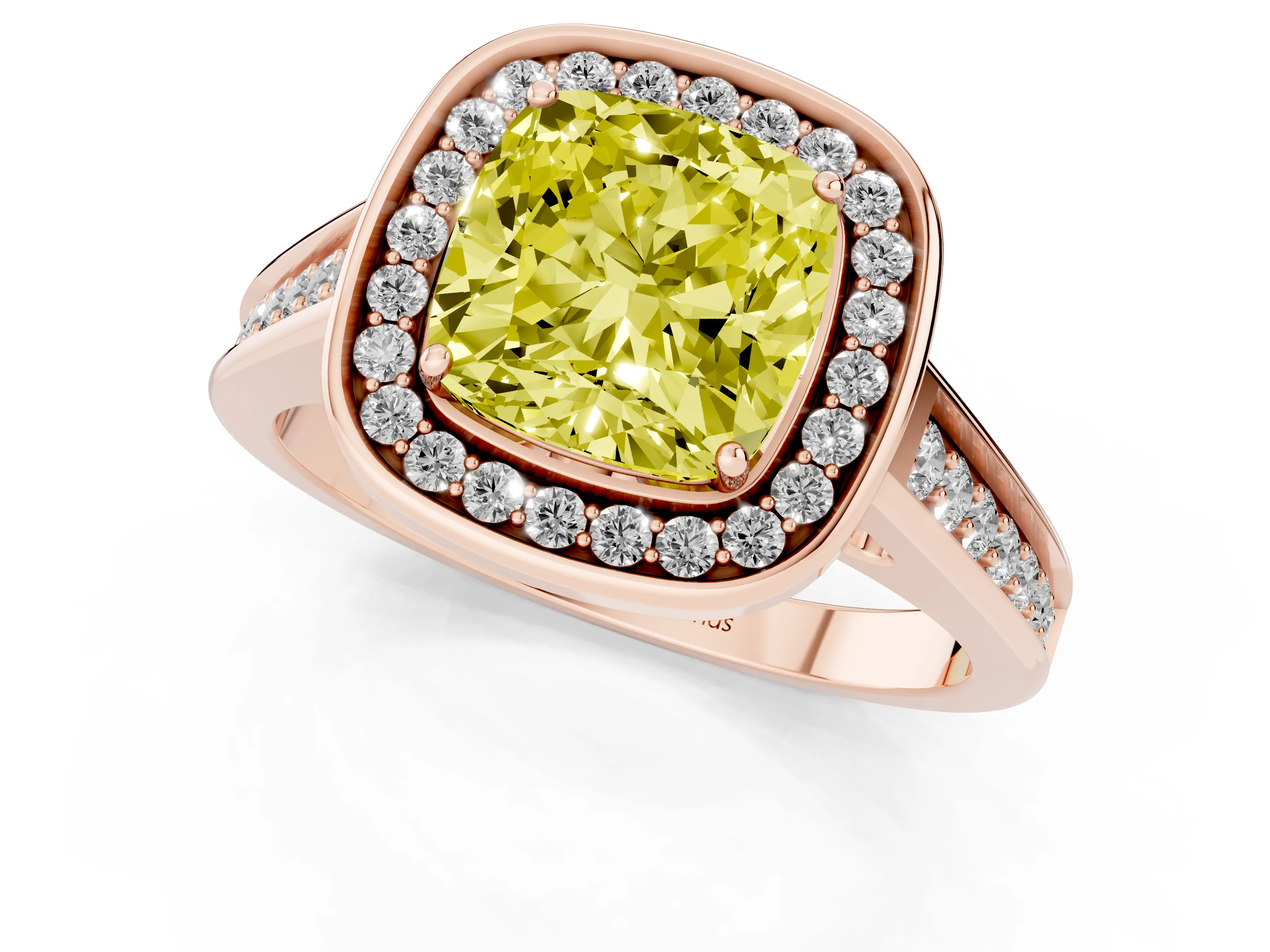 Fancy Yellow Cushion Cut Diamond Halo Solitaire Ring Set in Rose gold with Pavé Band and Bezel Setting