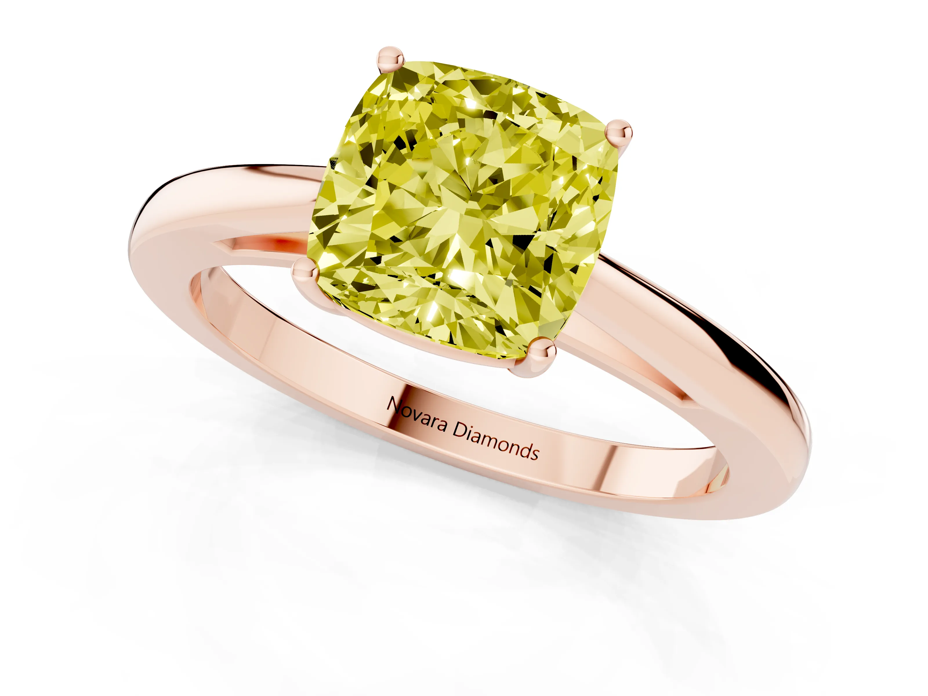 Fancy Yellow Cushion Cut Diamond Solitaire Ring Set in Rose gold with Split Shank and Prong Setting