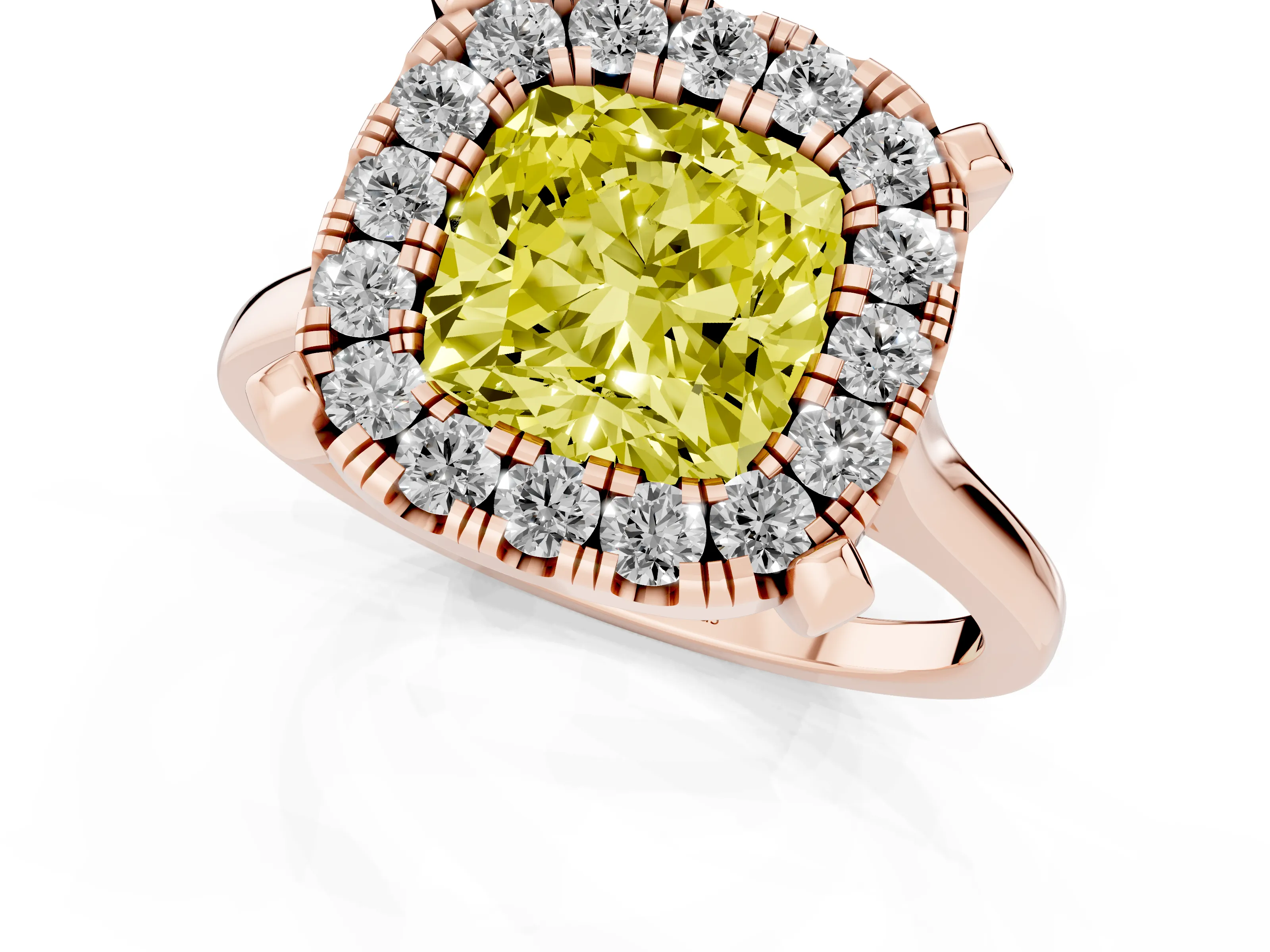 Fancy Yellow Cushion Cut Diamond Cluster Halo Solitaire Ring Set in Rose gold with Prong Setting