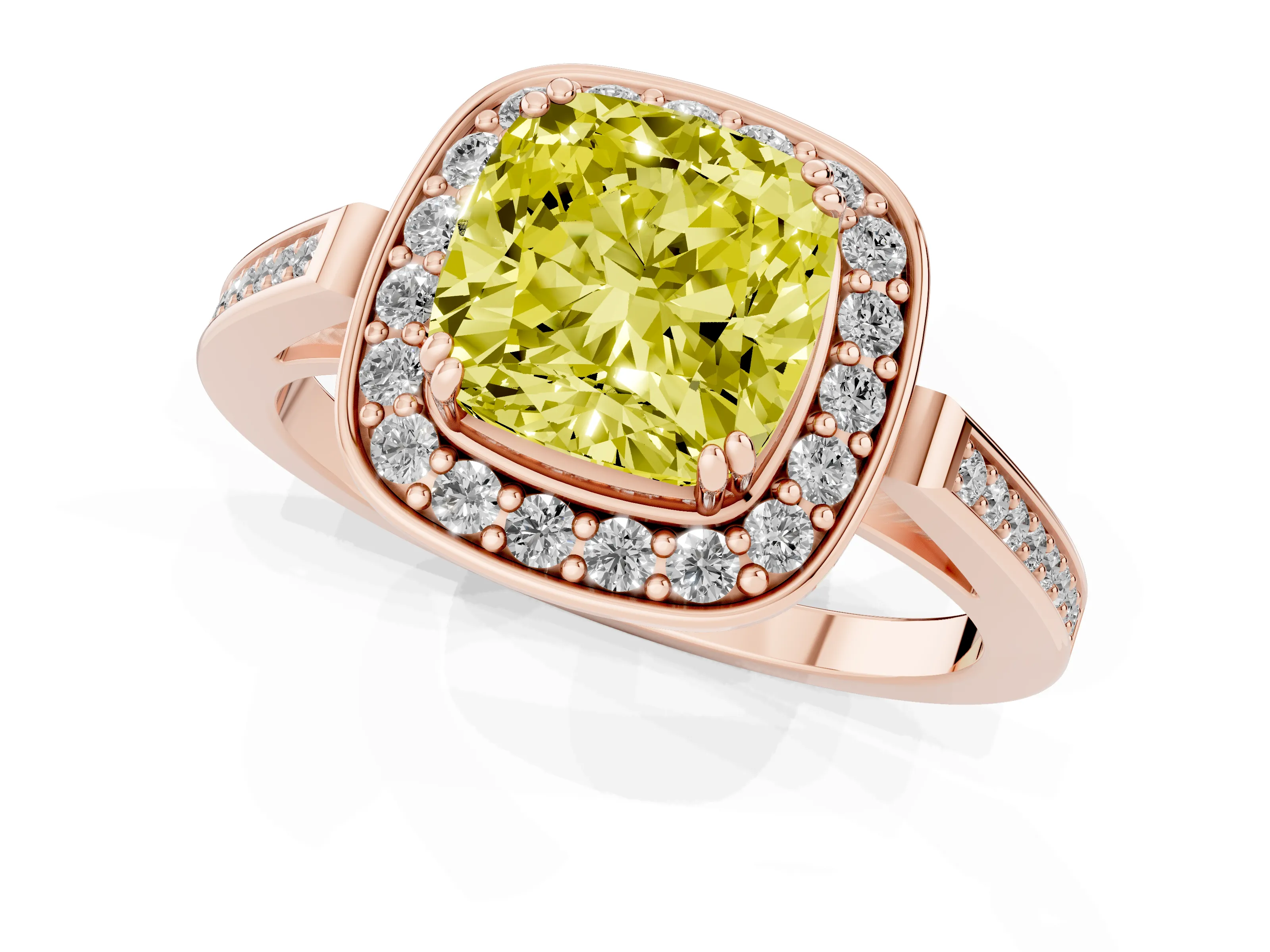 Fancy Yellow Cushion Cut Diamond Halo Ring Set in Rose gold with Accent-Lined Split Shank and Prong Setting