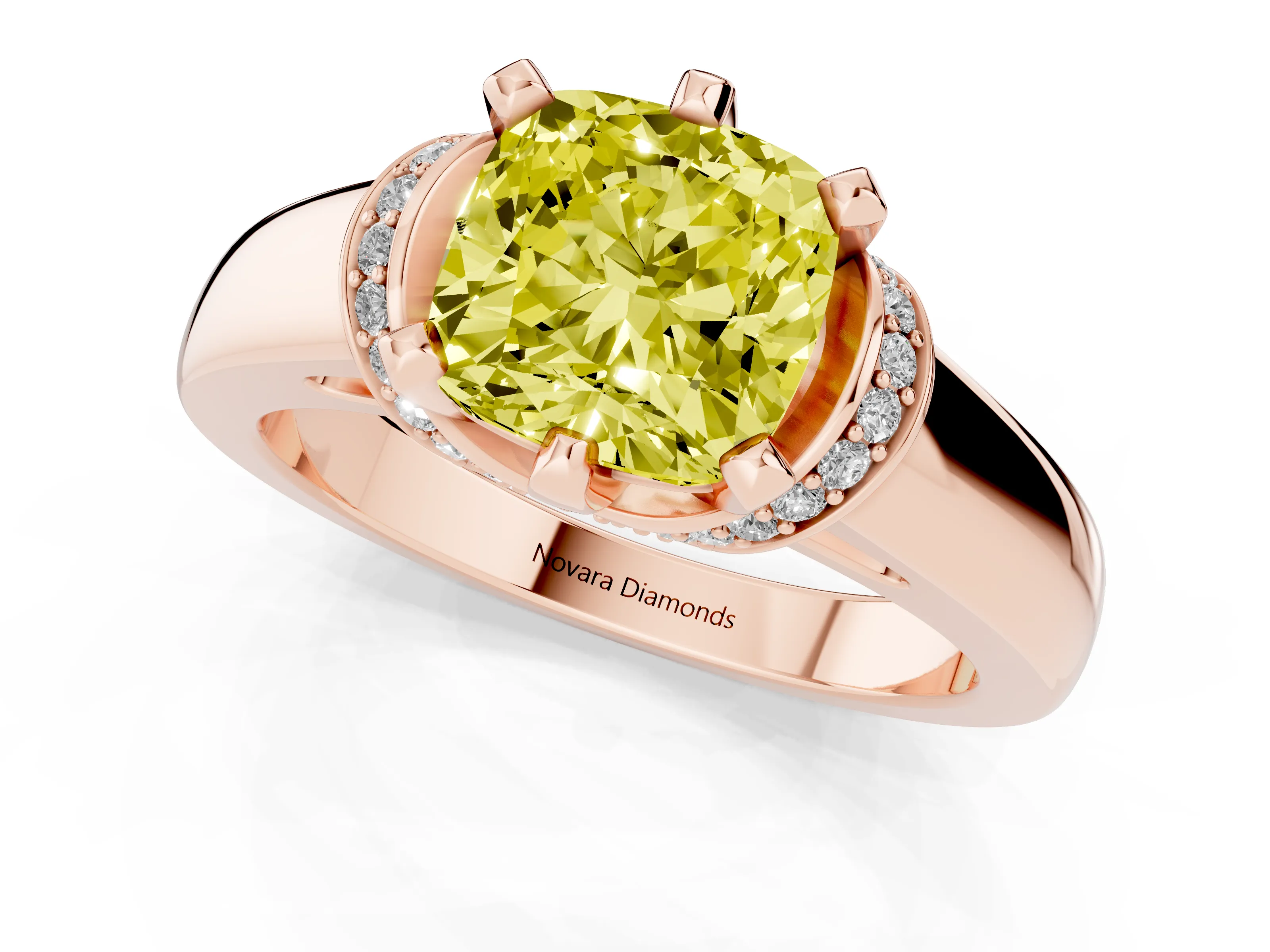Fancy Yellow Cushion Cut Diamond Pavé Band Solitaire Ring Set in Rose gold with Prong Setting