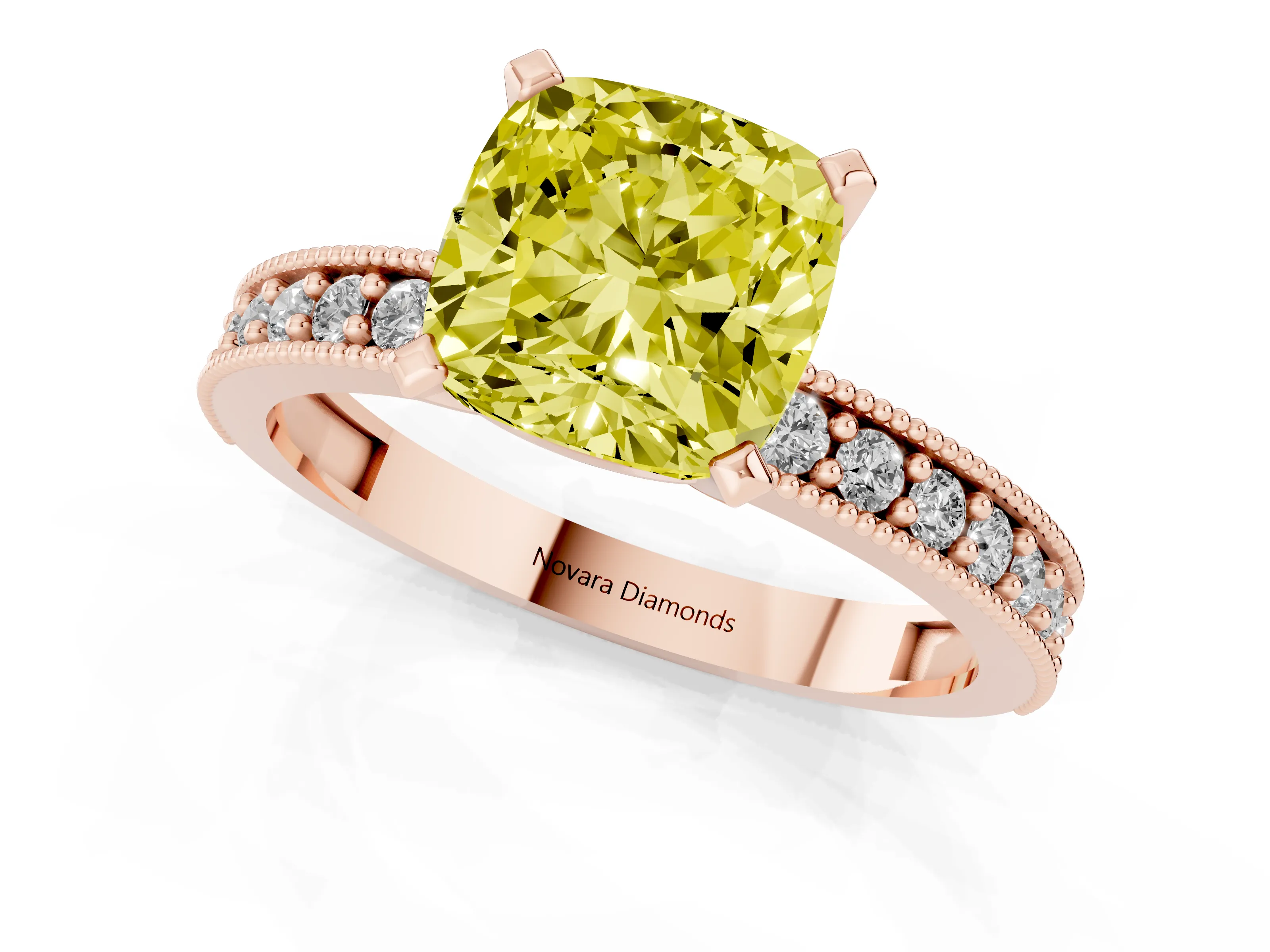 Fancy Yellow Cushion Cut Diamond Milgrain Pavé Engagement Ring Set in Rose gold with Prong Setting