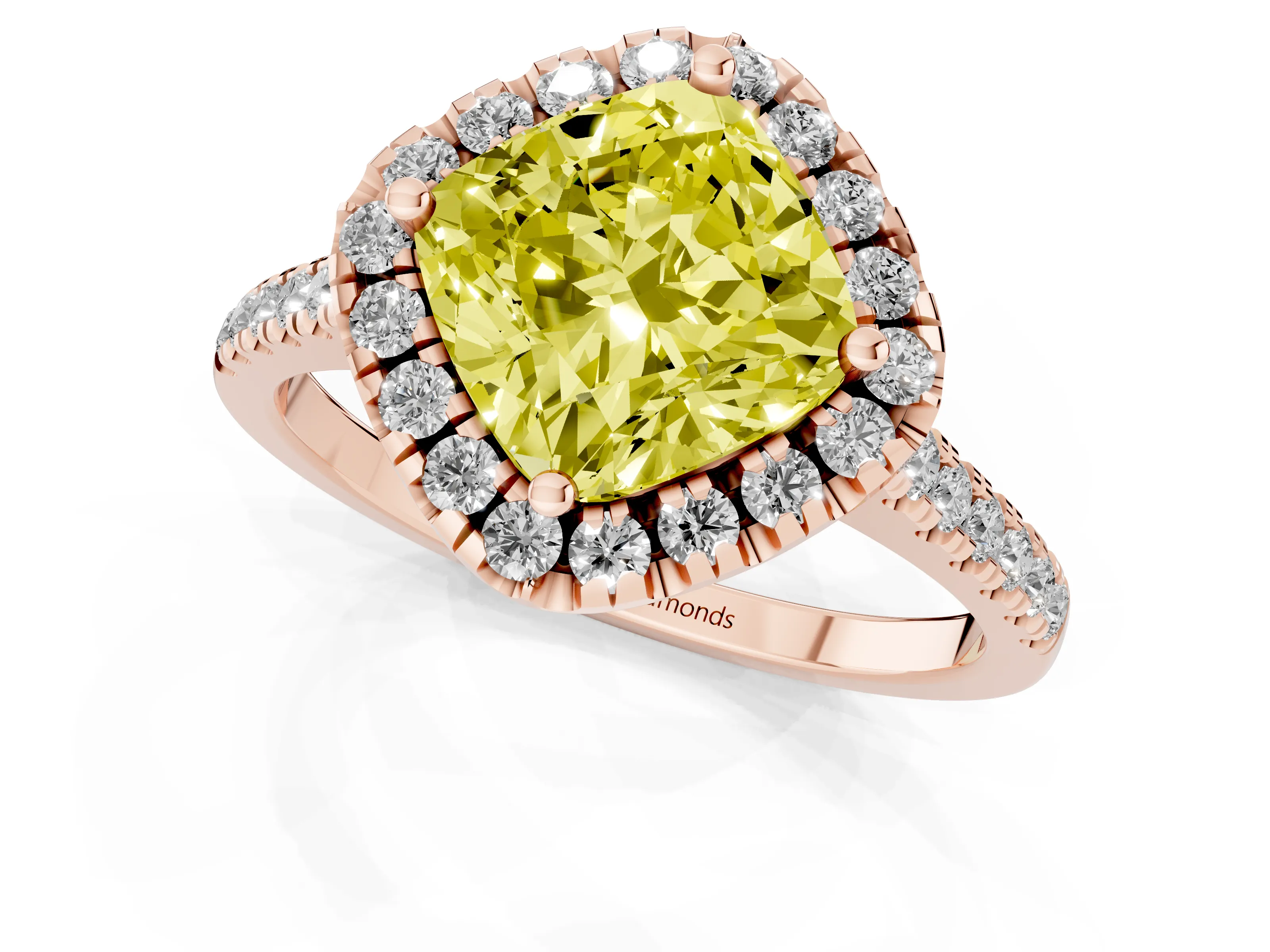 Fancy Yellow Cushion Cut Diamond Cushion Halo Ring Set in Rose gold with Pavé Band
