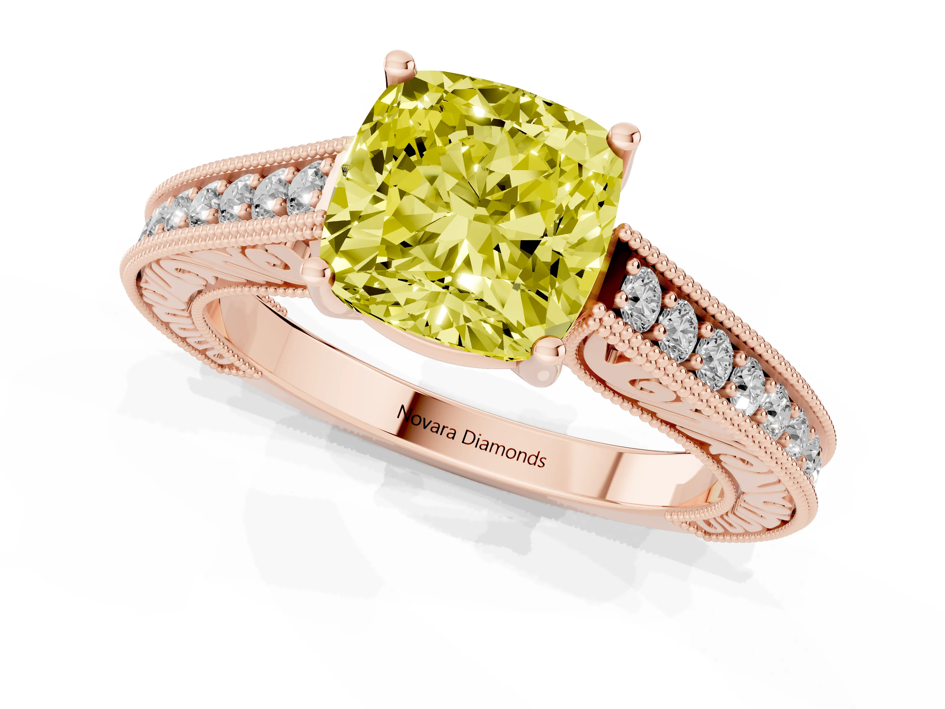 Fancy Yellow Cushion Cut Diamond Milgrain Pavé Band Solitaire Ring Set in Rose gold with Prong Setting