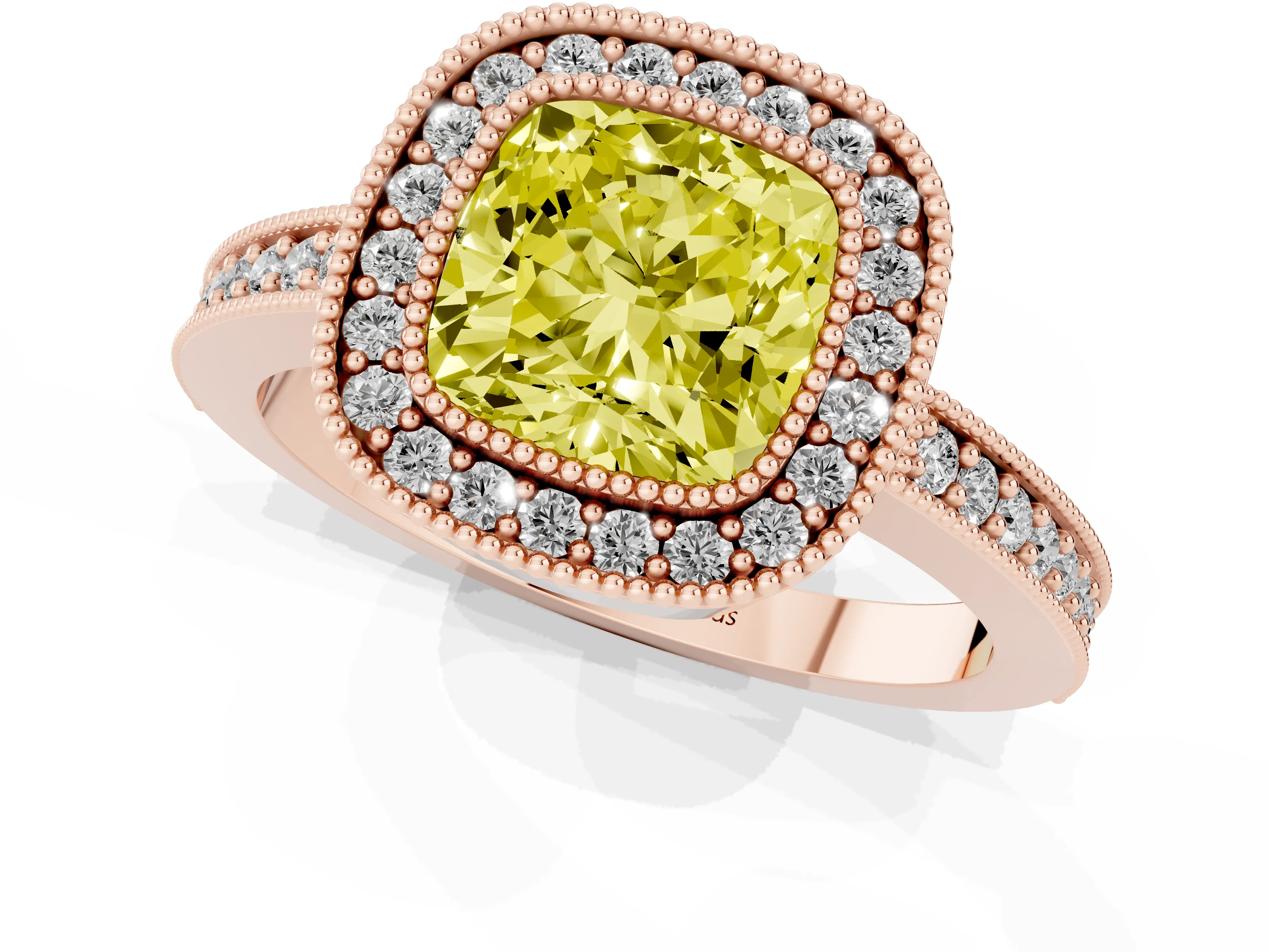Fancy Yellow Cushion Cut Diamond Halo Engagement Ring Set in Rose gold with Pavé Band and Round Halo Stones